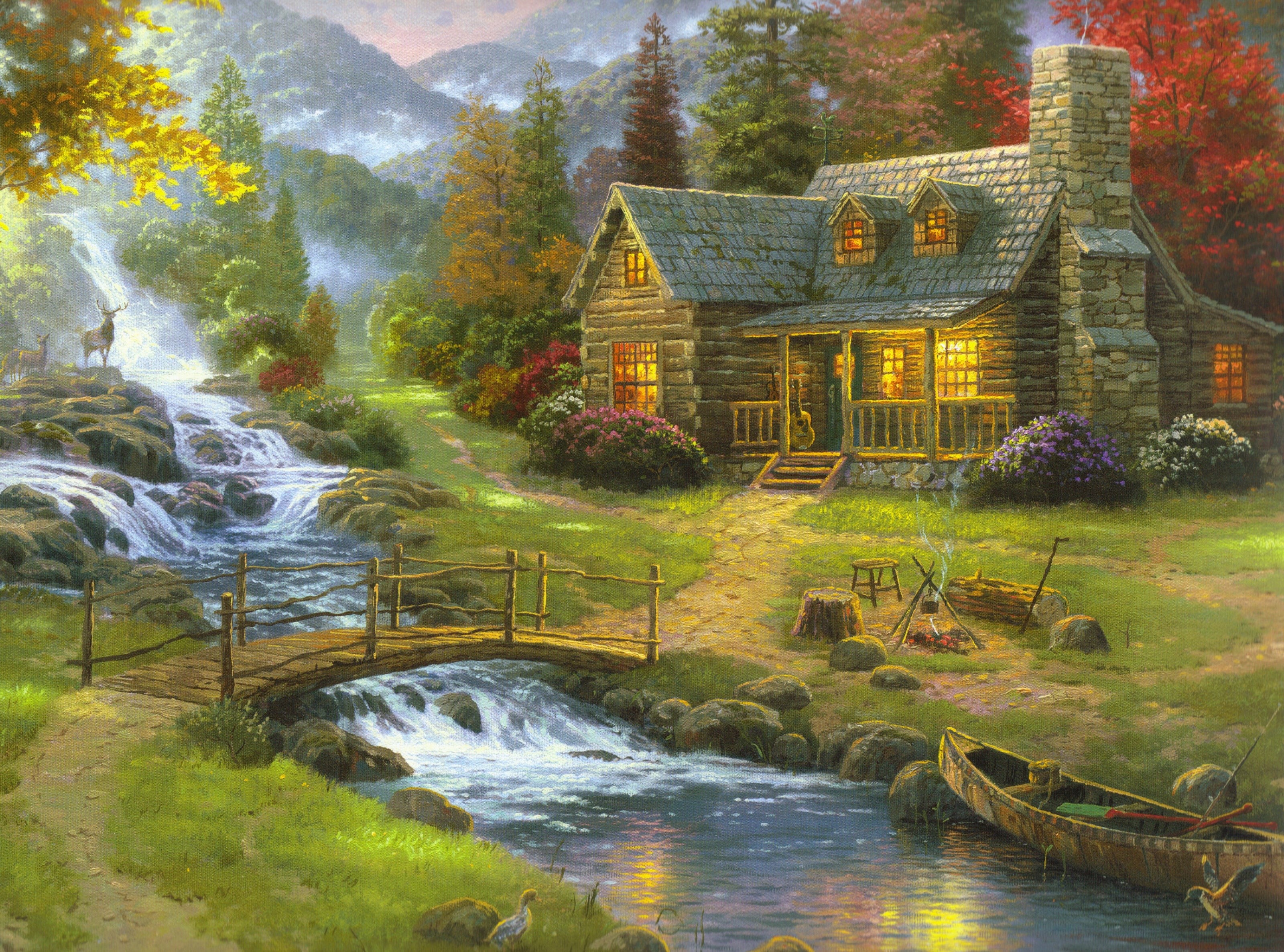 beauty in nature, building, Mountain, travel destinations, flowing water, tree, Thomas, 2K, painting, building exterior, nature, Artistic, the past, river, HD Wallpaper