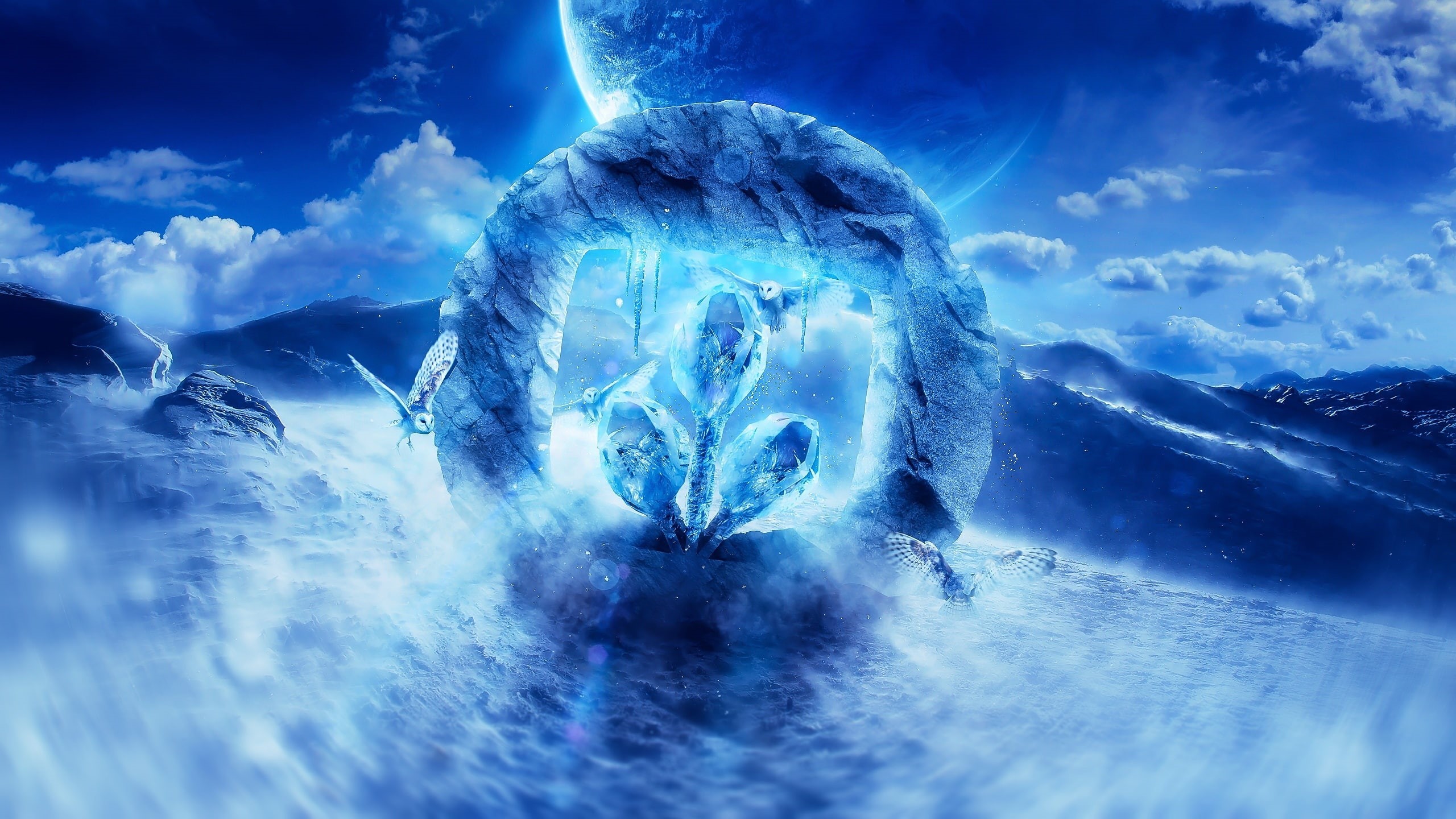 Sea, Planet, Logo, Desktopography, Digital, Owl, Art, Blue, 2K, HD Wallpaper