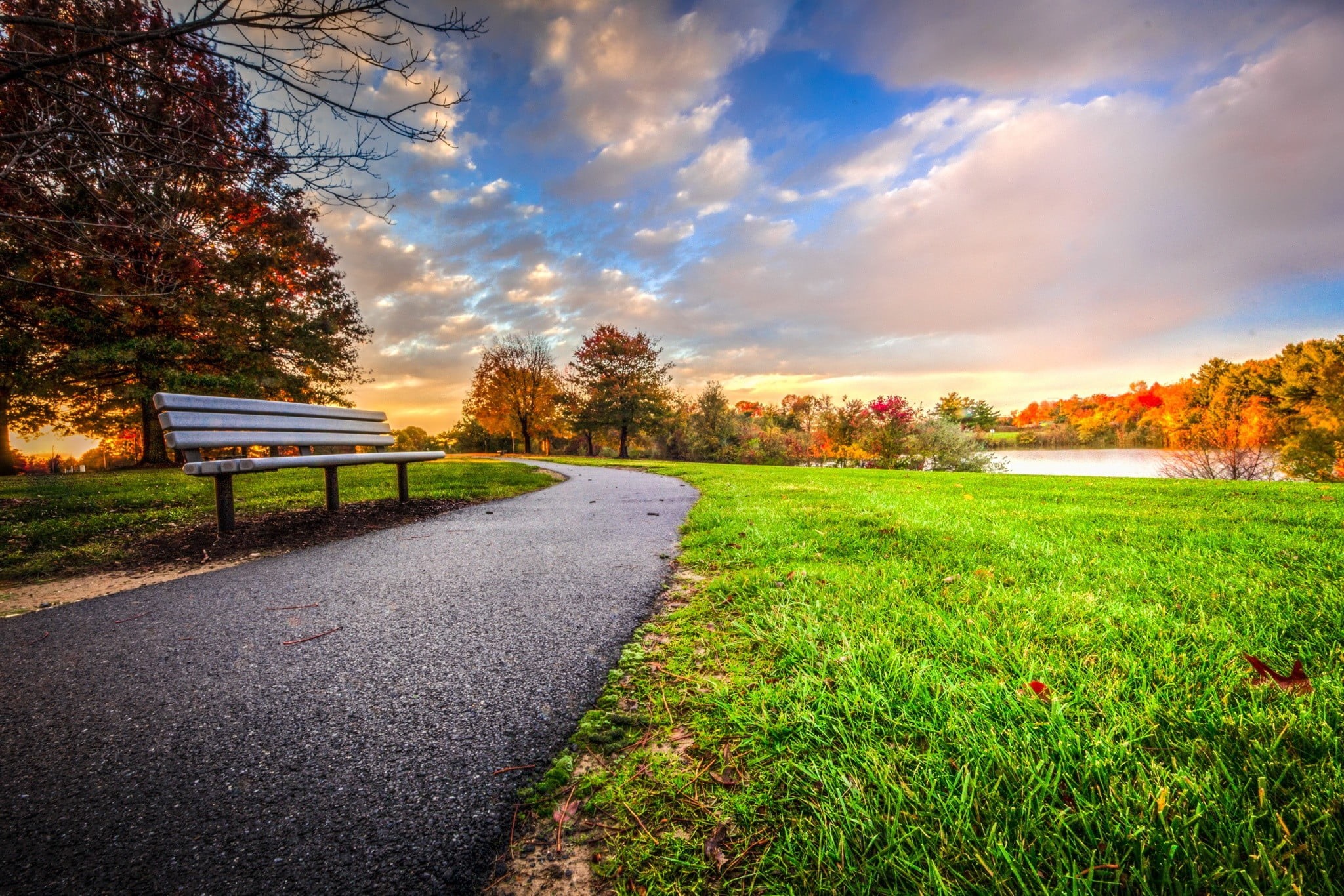 fall, direction, pathway, leaf, architecture, sunset, multi Colored, nature, scenics - nature, plant, park - Man Made Space, wood - Material, grass, field, HD Wallpaper