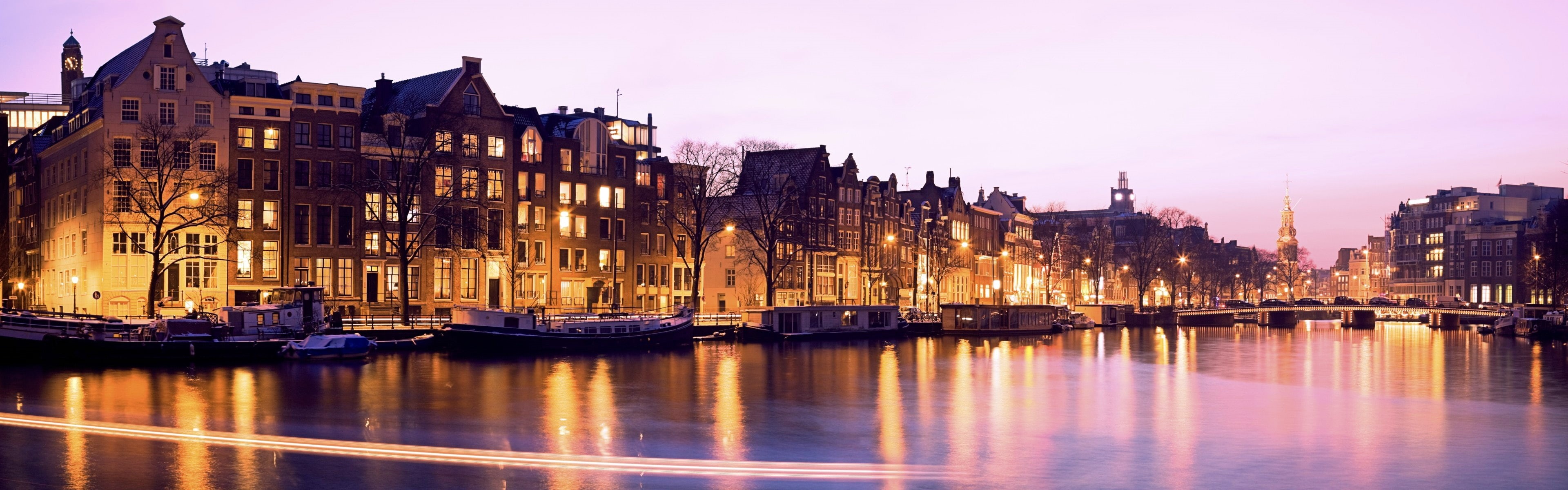 Canal, Illuminated, Amsterdam, Buildings, Night, 4K, Netherlands, HD Wallpaper