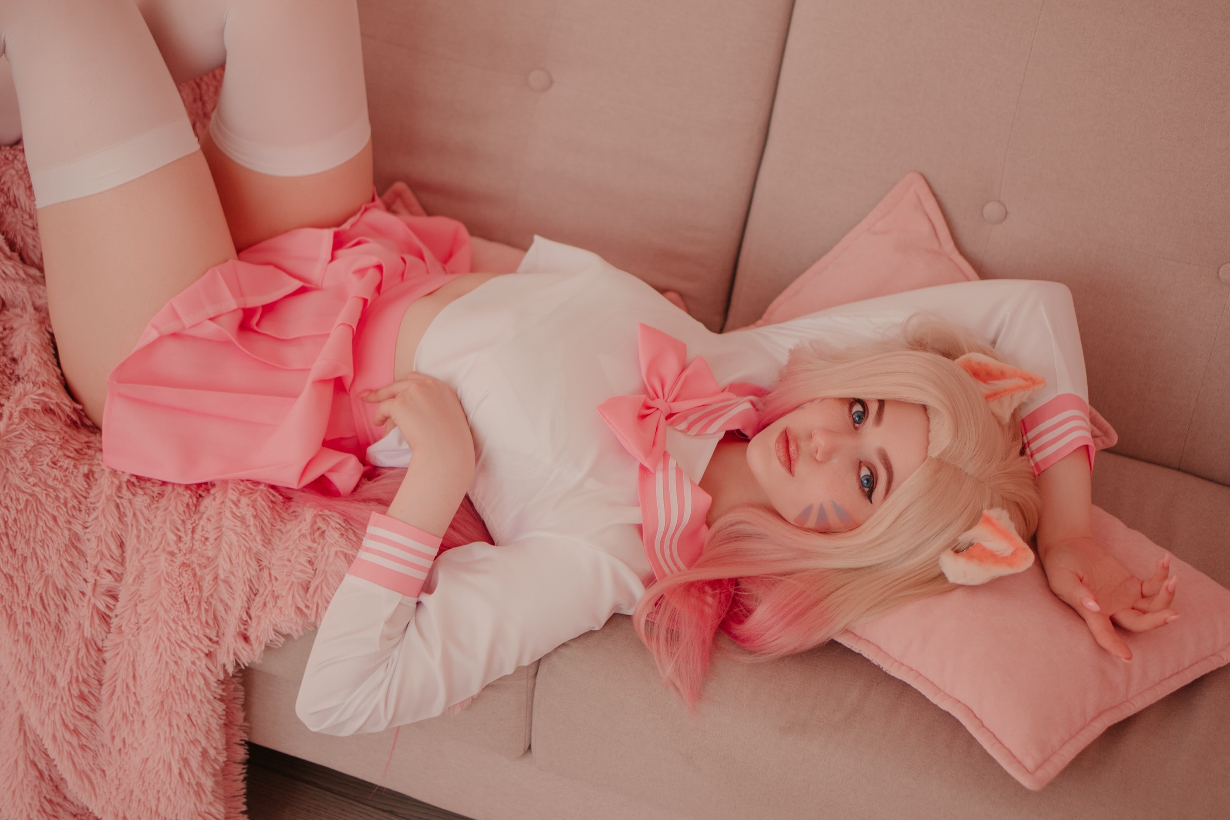 women, blonde, video games, schoolgirl uniform, long hair, white clothing, Alina Becker, schoolgirl, Ahri, thigh-highs, skirt, indoors, cosplay, pink clothing, HD Wallpaper