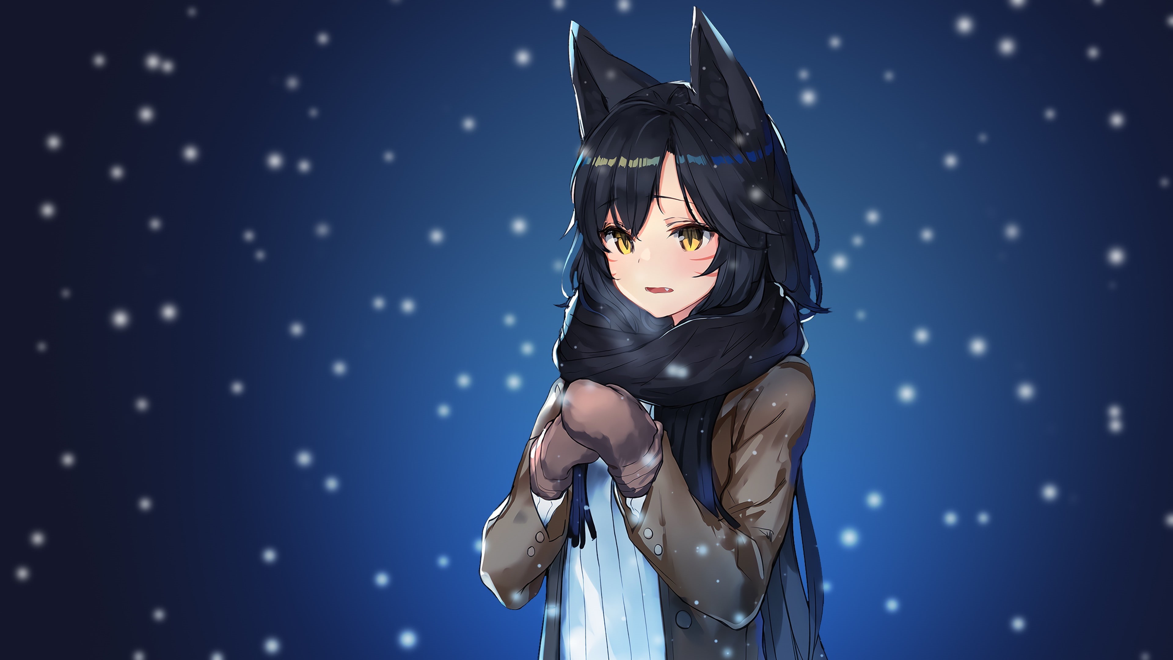 long hair, 4K, League of Legends, snow, anime, animal ears, black hair, Ahri (League of Legends), anime girls, yellow eyes, Ahri, HD Wallpaper