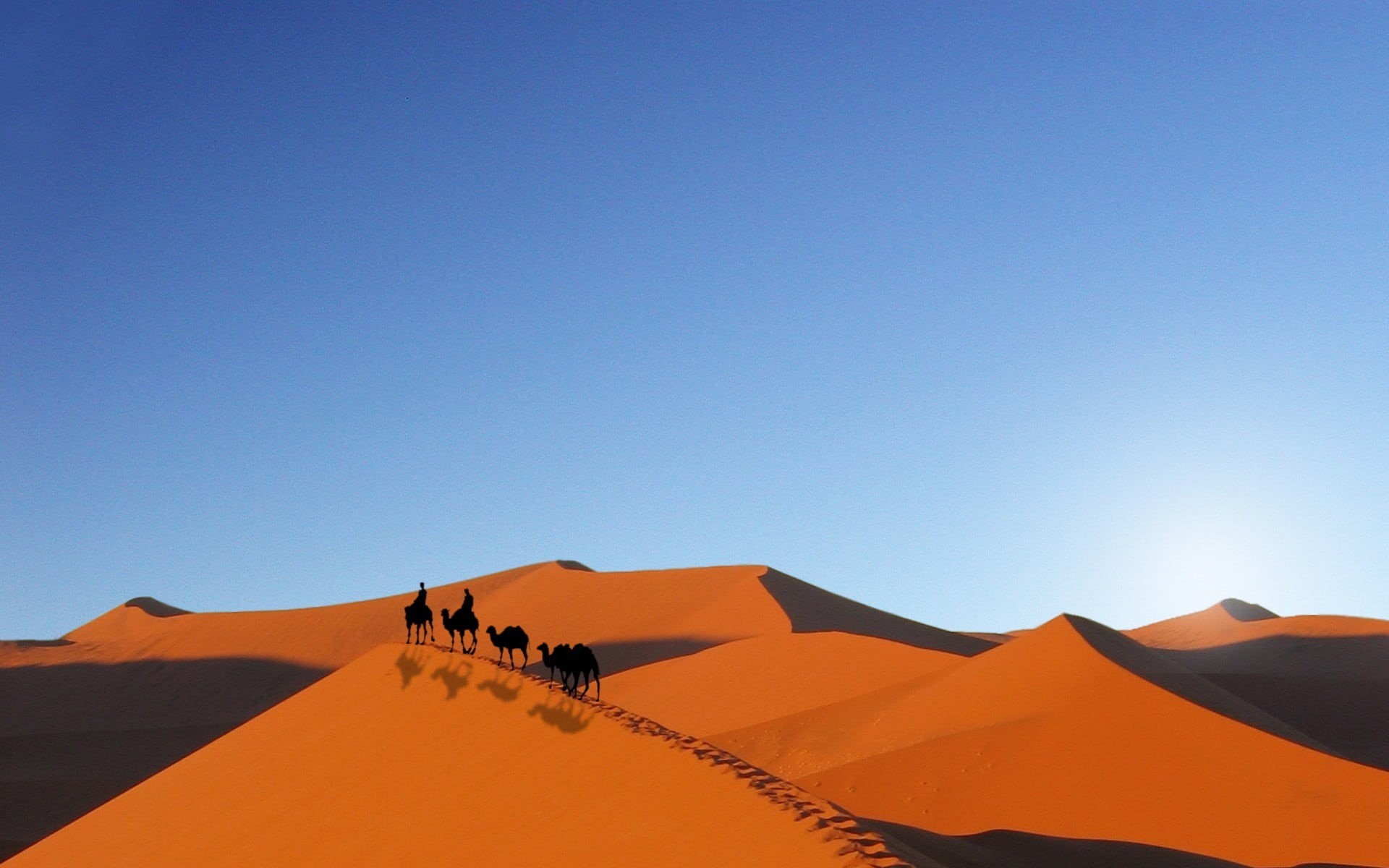 tranquil scene, sand dune, copy space, blue, camels, sand, real people, illustration, non-urban scene, landscape, clear sky, outdoors, beauty in nature, HD Wallpaper