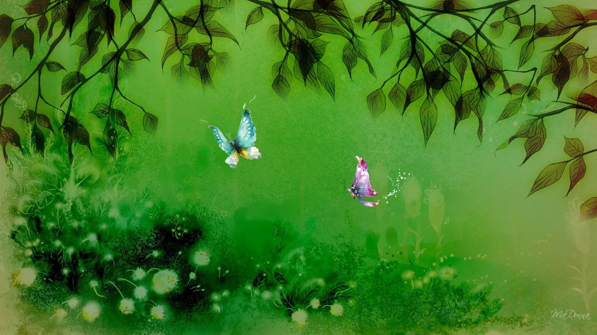 butterfly, 3d and abstract, leaves, changes, woods, summers, green, butterflies, tree, 1080P, summer, beautiful, firefox persona, HD Wallpaper