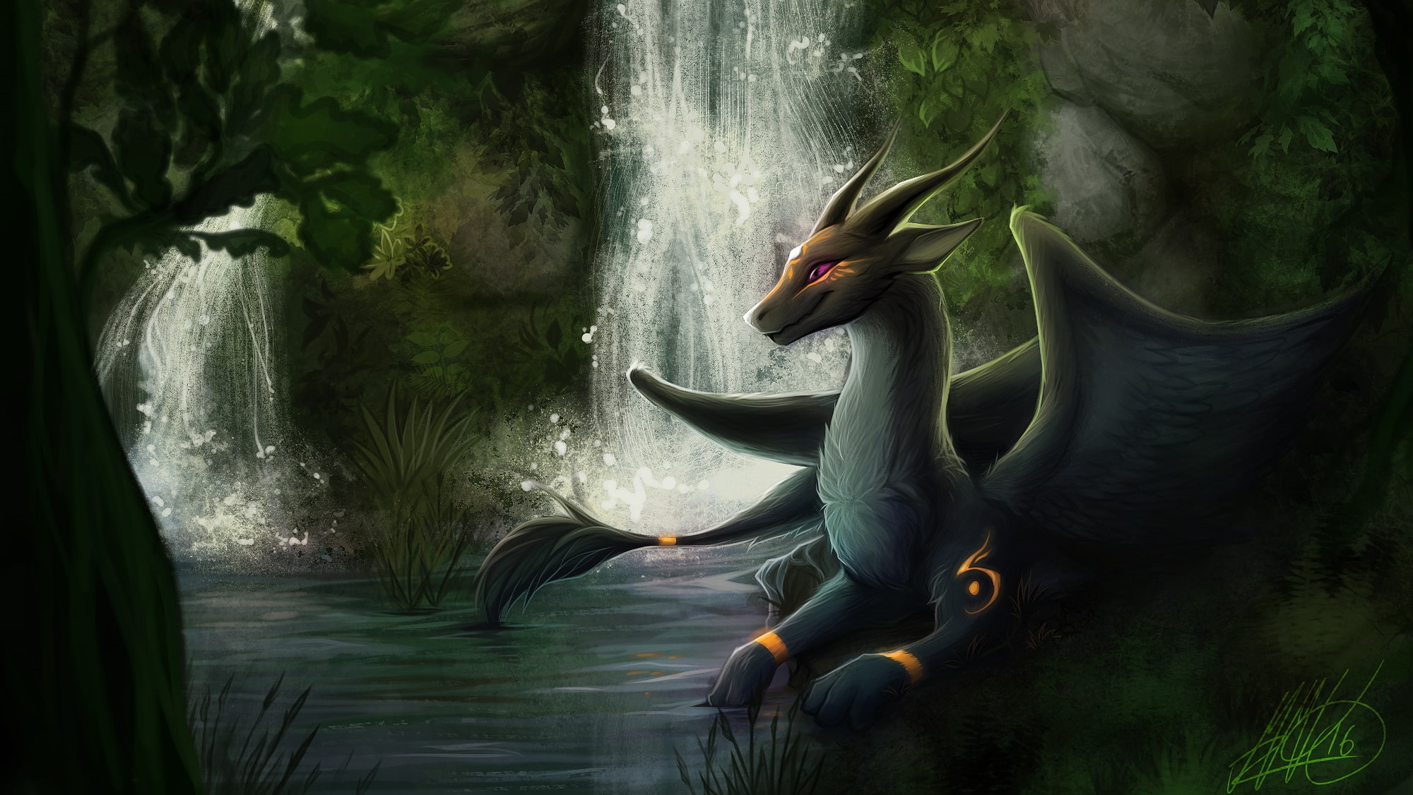 furry, 1080P, dragon, Anthro, waterfall, HD Wallpaper