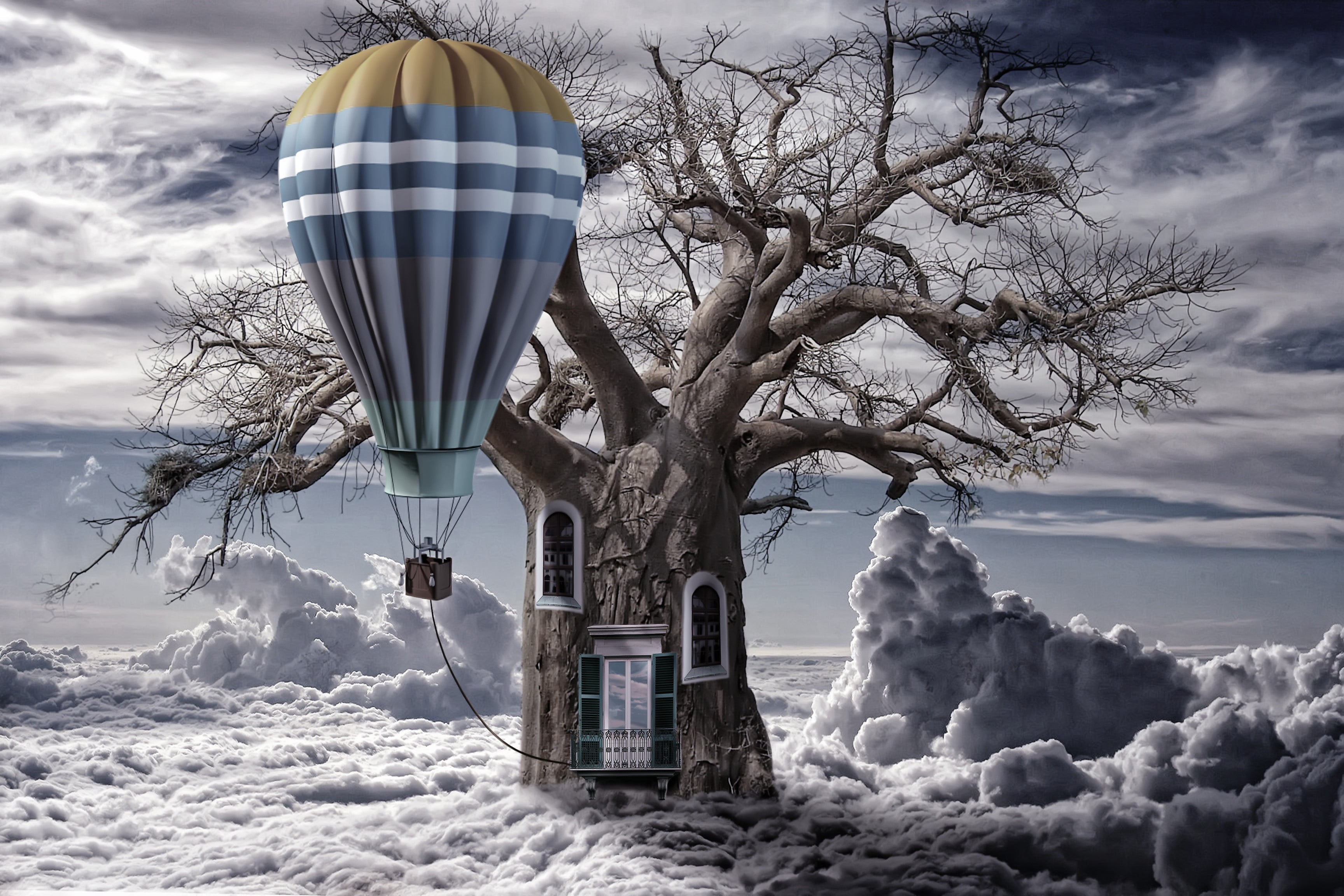 flying, cloud - Sky, clouds, cold temperature, tie, air, withered, blue, built structure, scenics, 2K, outdoors, winter, balloon, digital composite, day, HD Wallpaper
