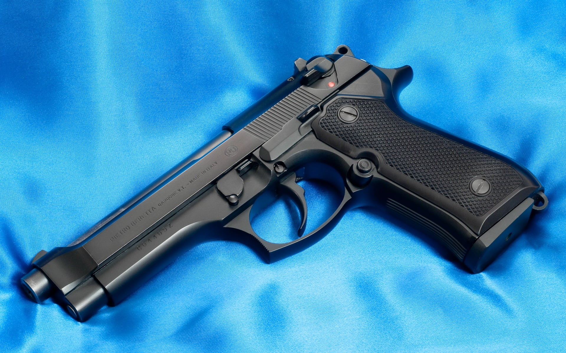 black, warning sign, weapon, close-up, backgrounds, pistol, semi, social issues, security, 1080P, handgun, Gun, sign, colored background, war, blue background, HD Wallpaper