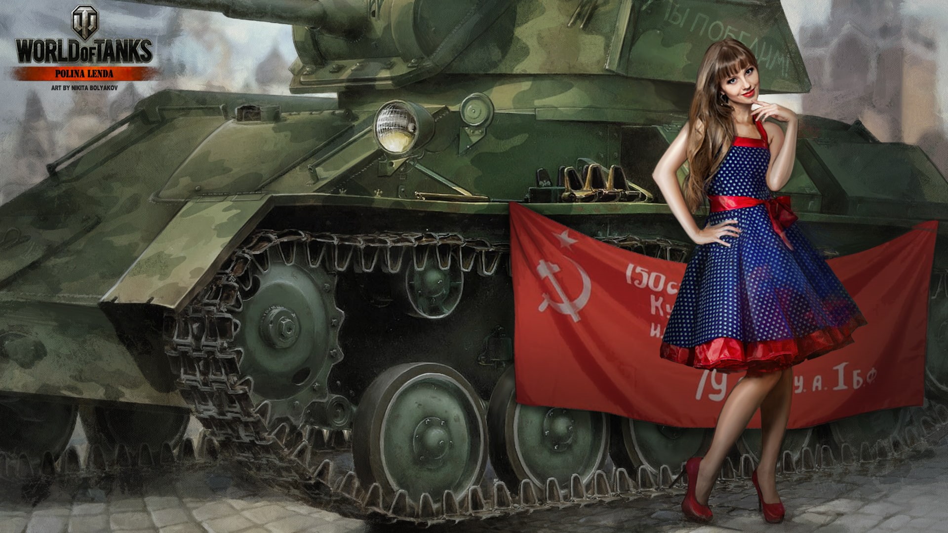 BigWorld, girl, clothing, car, beautiful woman, transportation, tanks, full length, outdoors, tank, world, lifestyles, Nikita Bolyakov, dress, HD Wallpaper