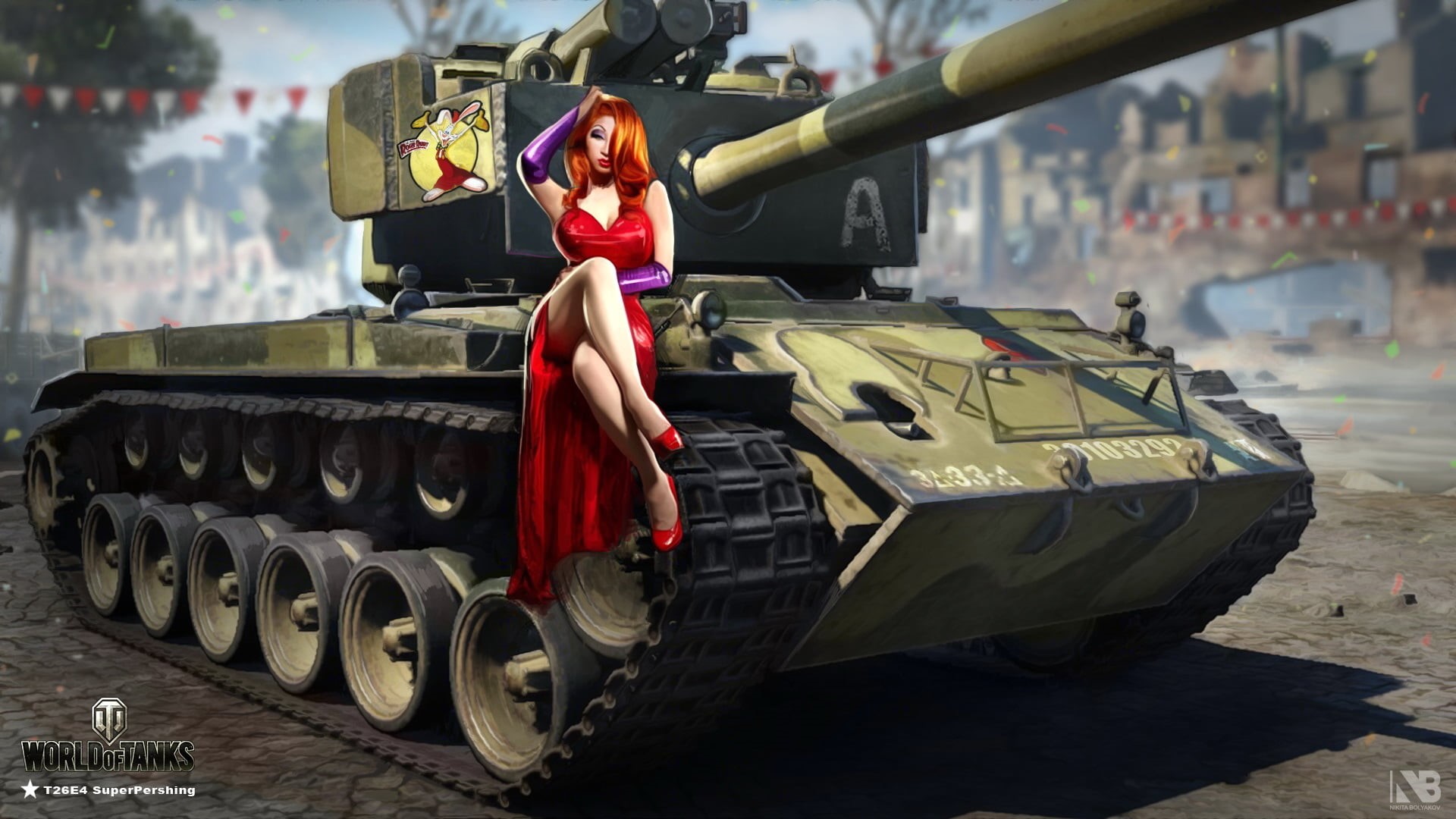 T26E4, military, city, transportation, russia, sitting, 1080P, in red, camouflage, gun, red, machinery, the city, girl, aggression, water, land Vehicle, HD Wallpaper