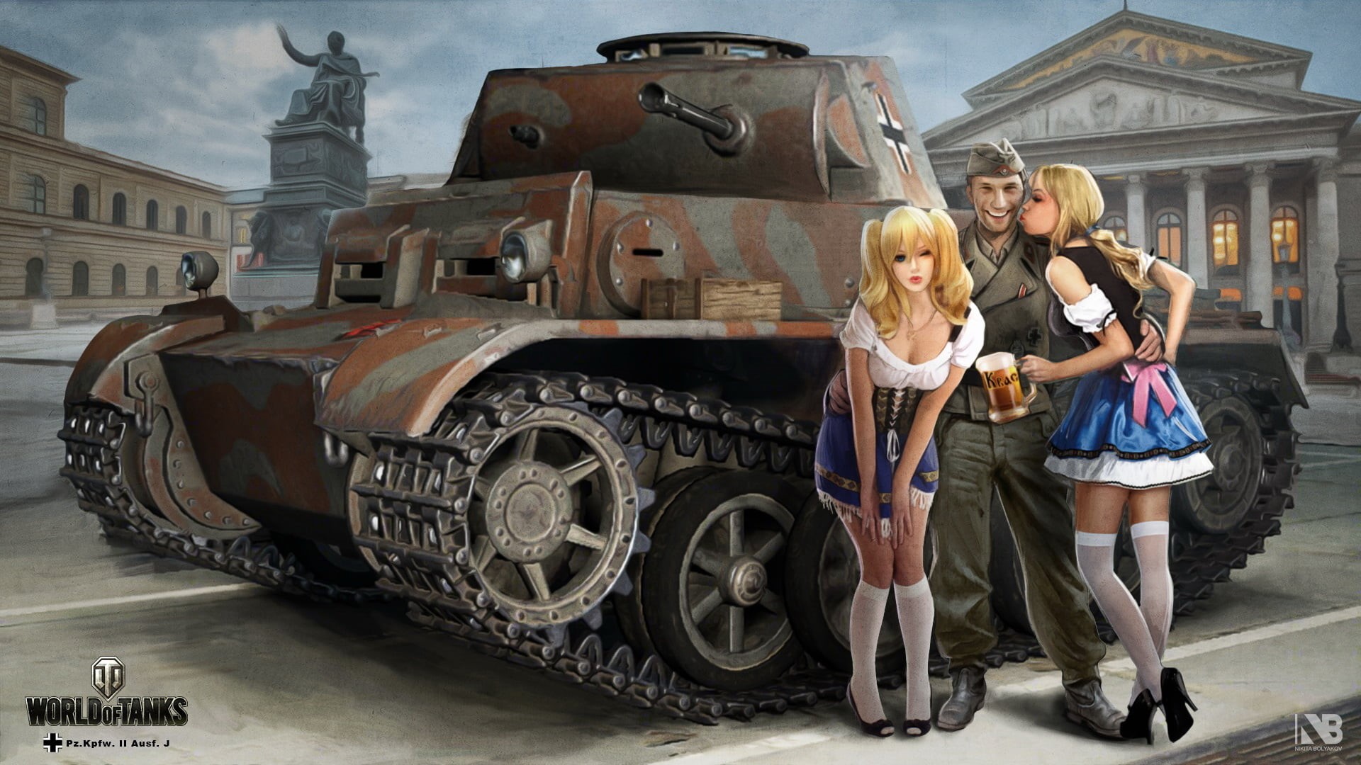 beer, two people, travel, monument, tank, uniform, real people, Pz.Kpfw. II Ausf. J, front view, adult, land vehicle, girls, people, the city, blonde, German, HD Wallpaper