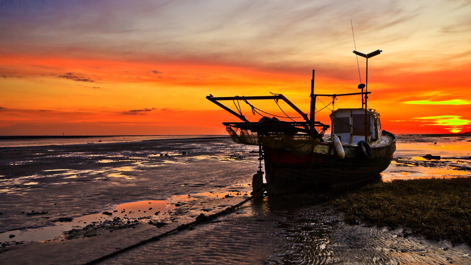 mode of transportation, transportation, tranquility, nature, water, beach, 1080P, sky, outdoors, sea, horizon over water, nautical vessel, sunset, fishing boat, HD Wallpaper