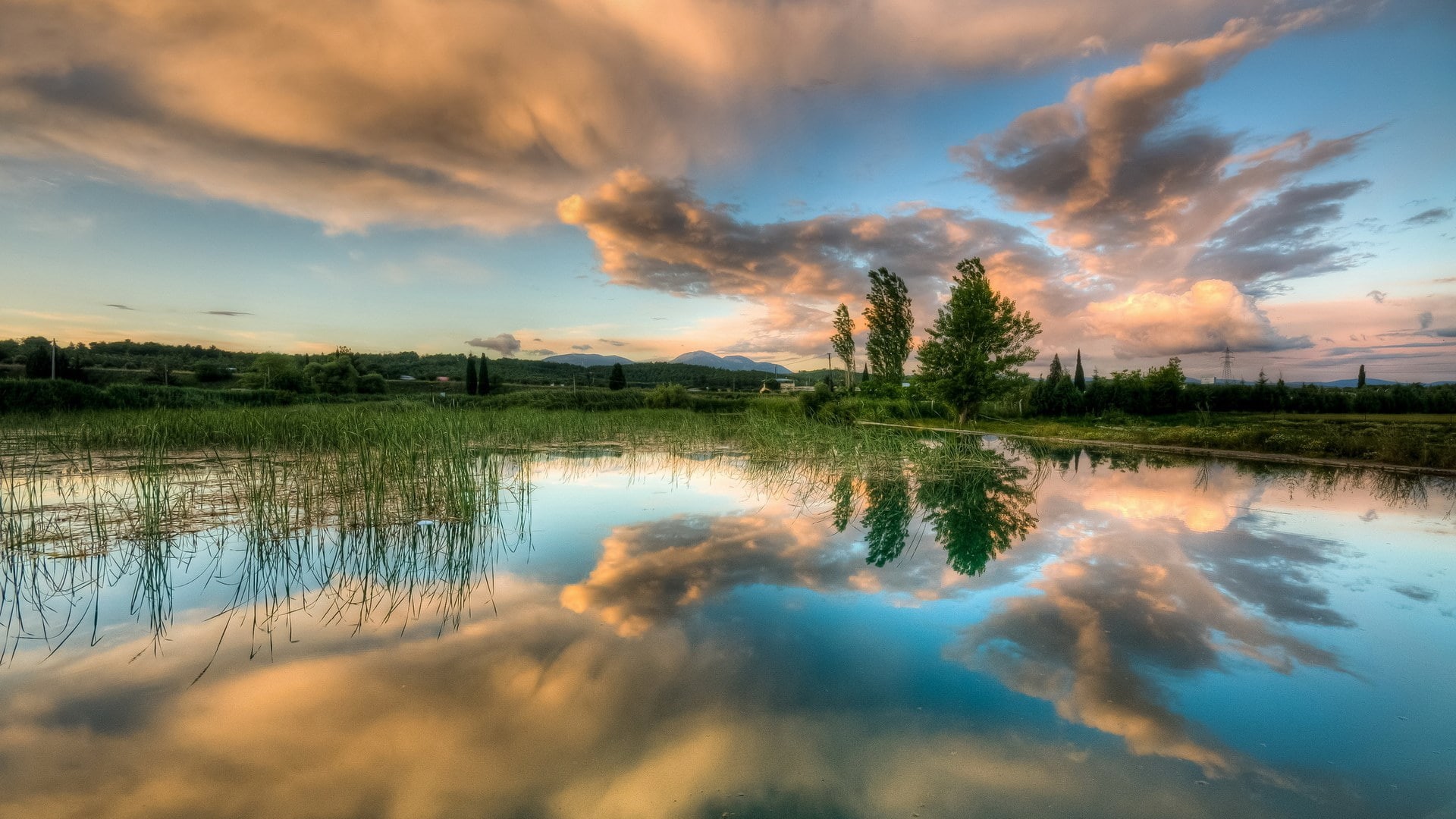 nature, plant, non-urban scene, sky, reflection, orange color, outdoors, idyllic, waterfront, scenics - nature, water, no people, tranquil scene, tranquility, HD Wallpaper