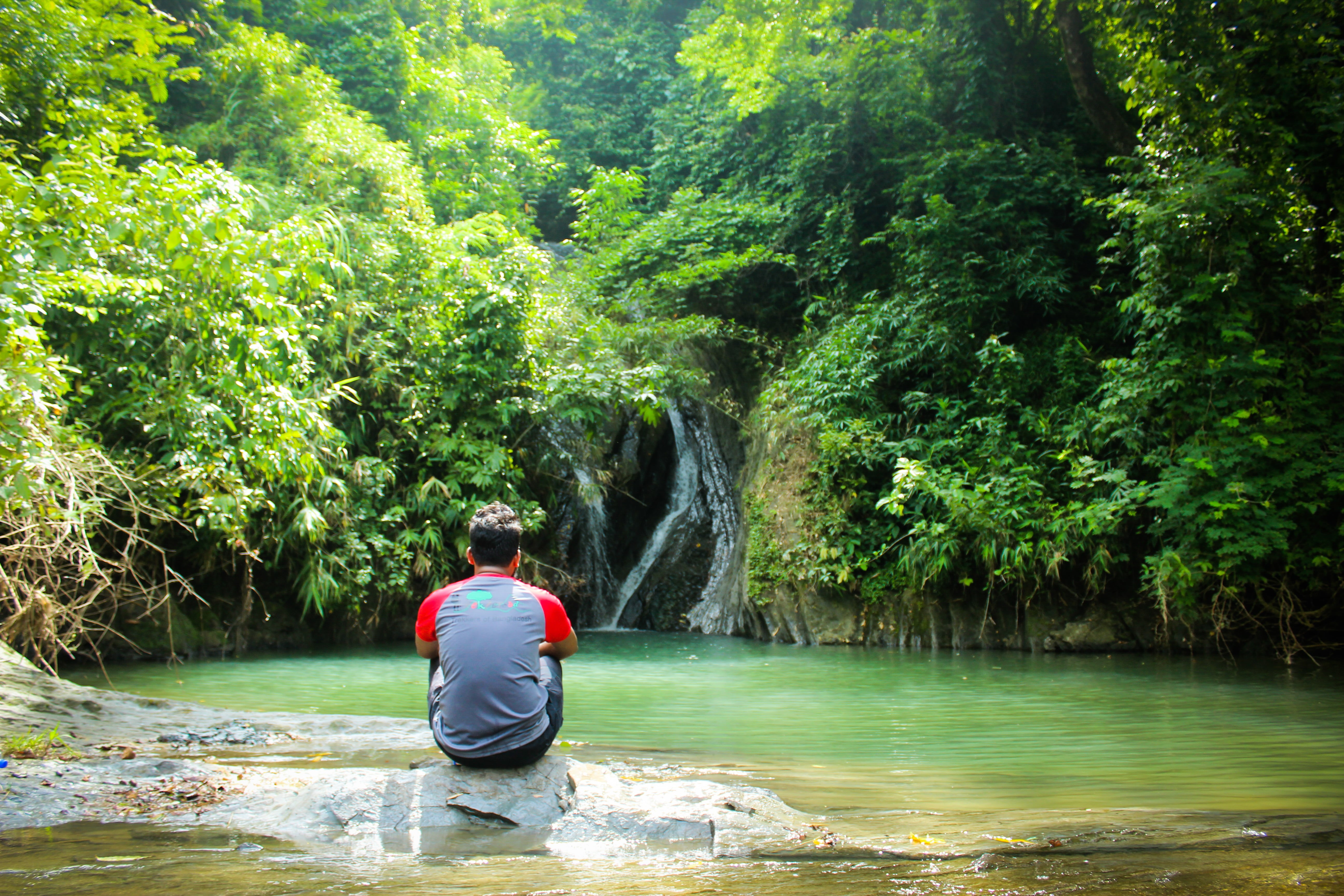one person, nature, beauty in nature, flowing water, lifestyles, water, casual clothing, outdoors, tracking, waterfall, forest, real people, day, rear view, HD Wallpaper