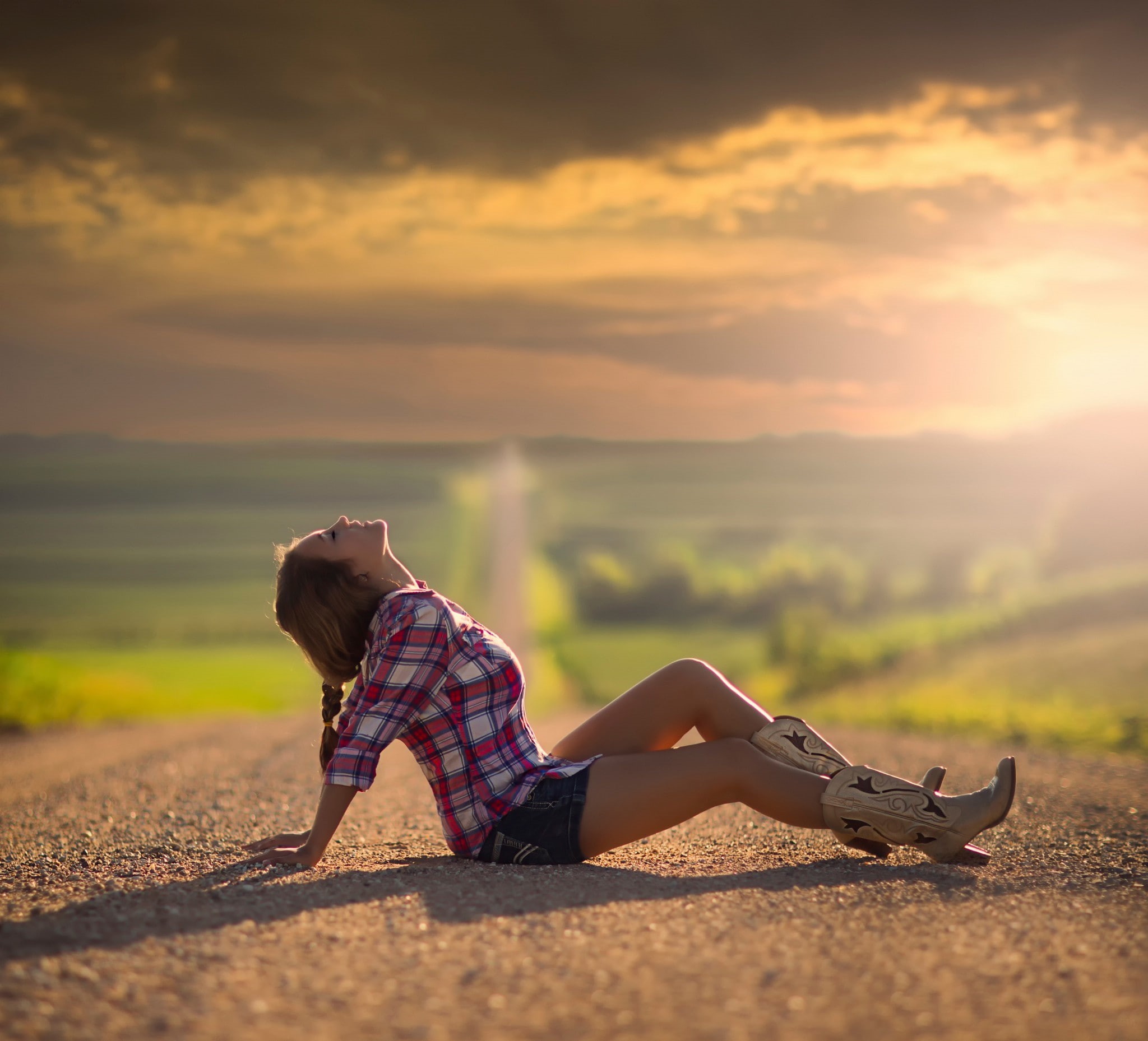 beautiful, space, Country, sun, girl, road, 1080P, HD Wallpaper