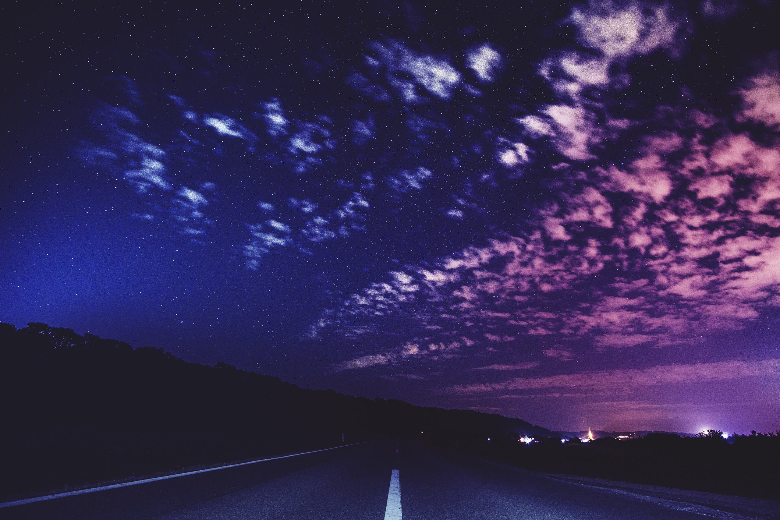 diminishing perspective, sign, tree, concrete, transportation, galaxy, star - space, direction, dark, country road, black, outdoors, sky, astronomy, landscape, HD Wallpaper