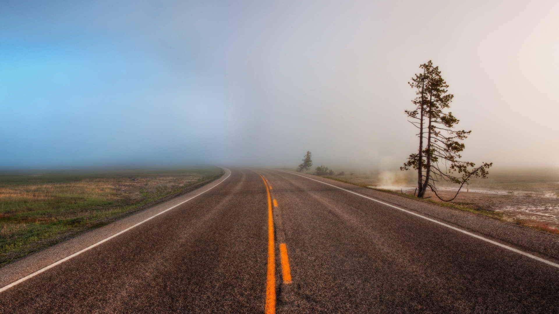 1080P, fog, no people, pc  hd 1080p nature  1920x1080, symbol, road marking, outdoors, direction, the way forward, plant, sky, road, country, sign, country road, HD Wallpaper