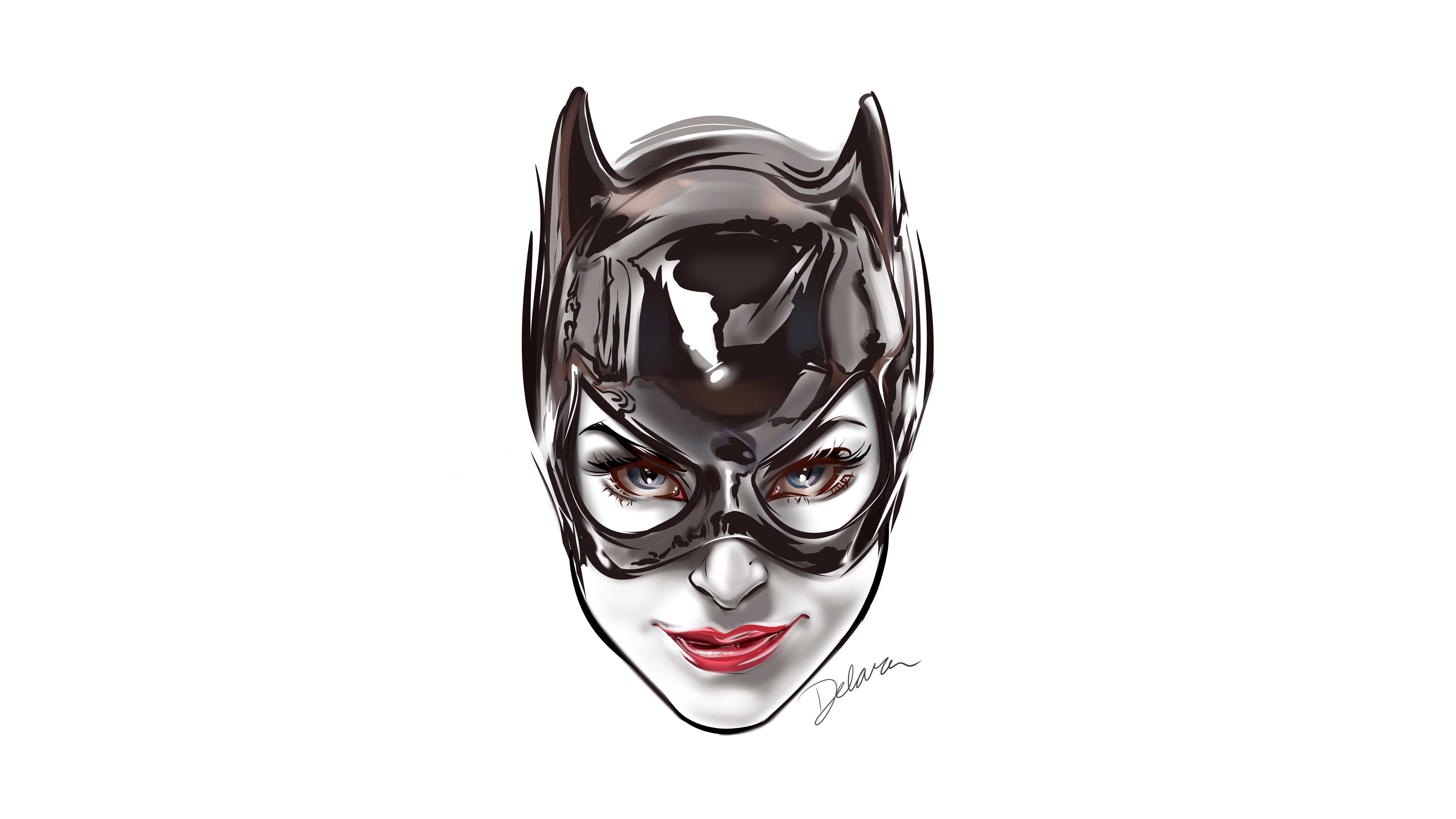 8K, digital art, DC Comics, mouth, minimalism, face, superhero, lipstick, blue eyes, red lipstick, fantasy art, Batman, simple background, Catwoman, mask, HD Wallpaper