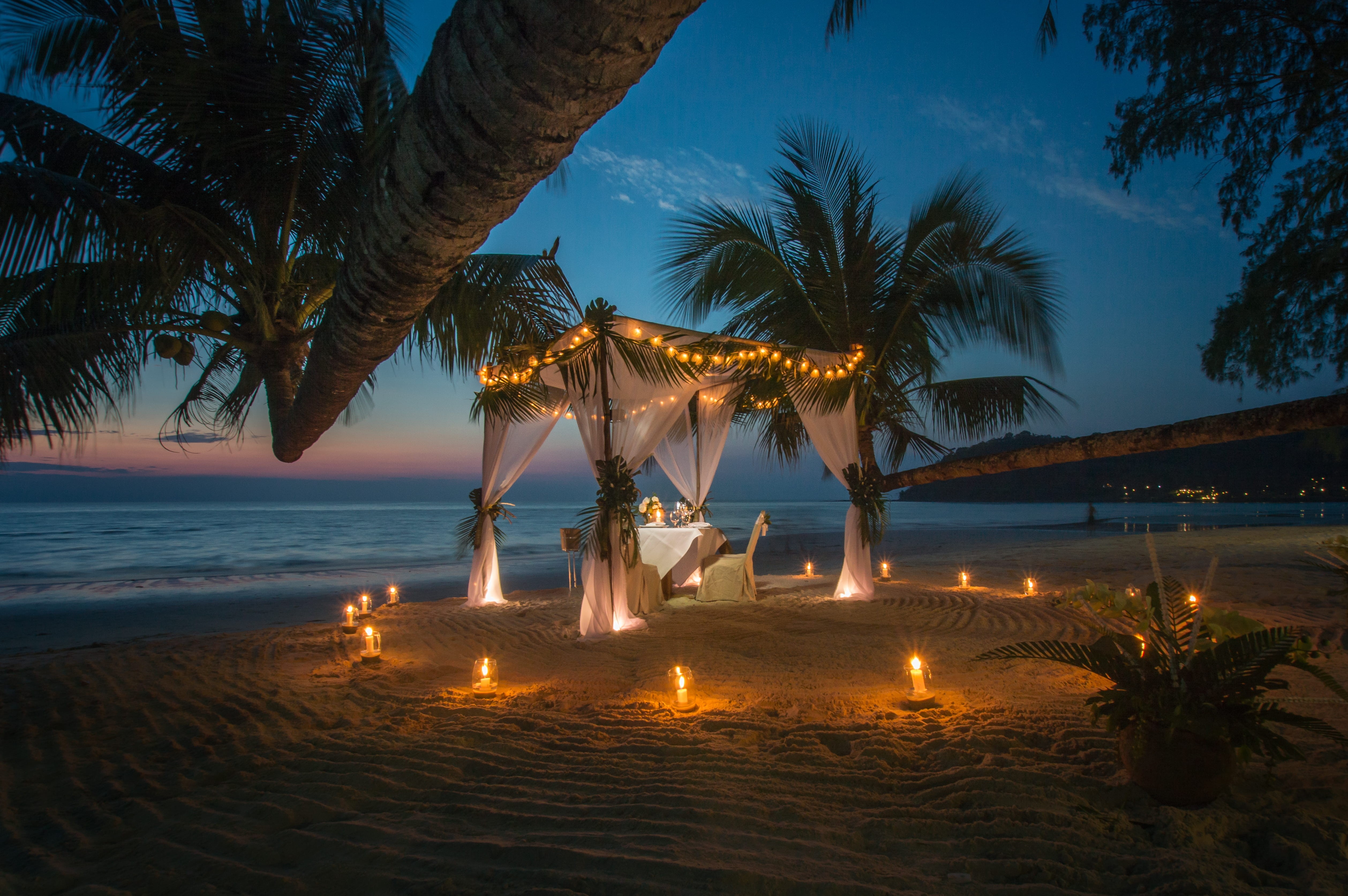 chair, night, no people, seashore, land, water, canopy, illuminated, 4K, romantic, vacation, tree, dinner, beauty in nature, ideal, palm tree, sea, scenics - nature, HD Wallpaper
