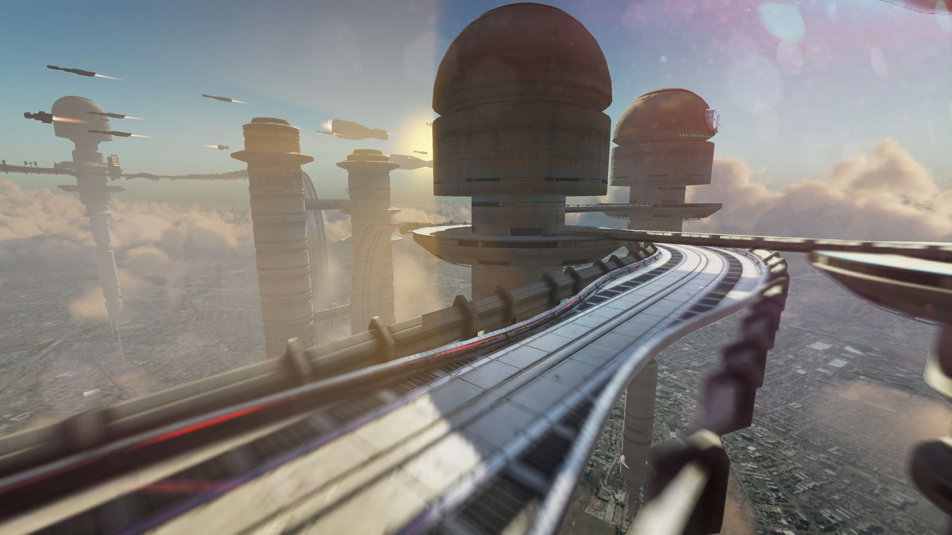 building, flying, outdoors, Shinen Multimedia, cloud - sky, built structure, video games, futuristic city, no people, travel, cityscape, ambient, Fast Racing Neo, HD Wallpaper