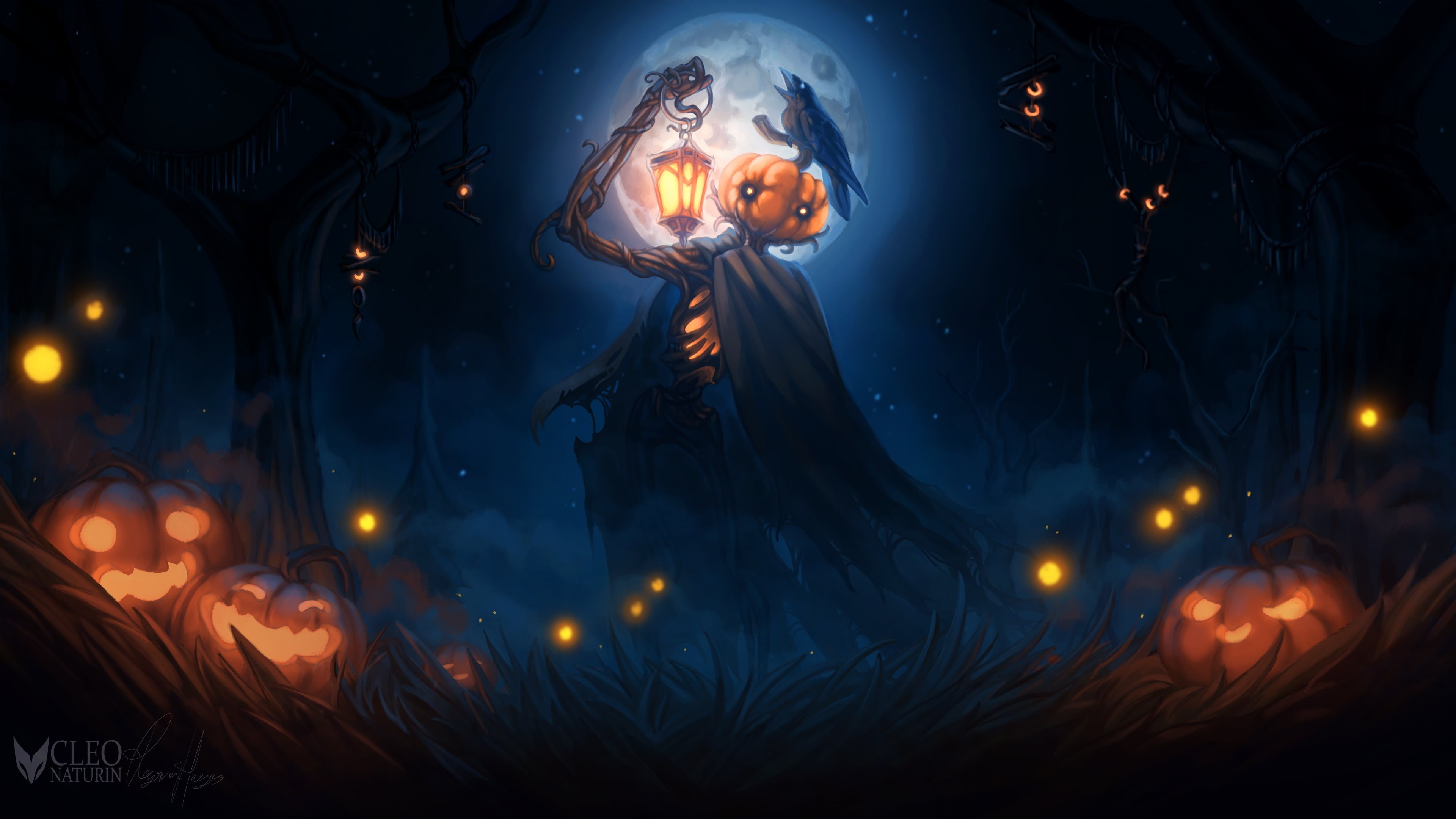 forest, holiday, fantasy art, lights, trees, artwork, night, atmosphere, digital art, night sky, sky, mist, grass, moon, illustration, concept art, 4K, HD Wallpaper