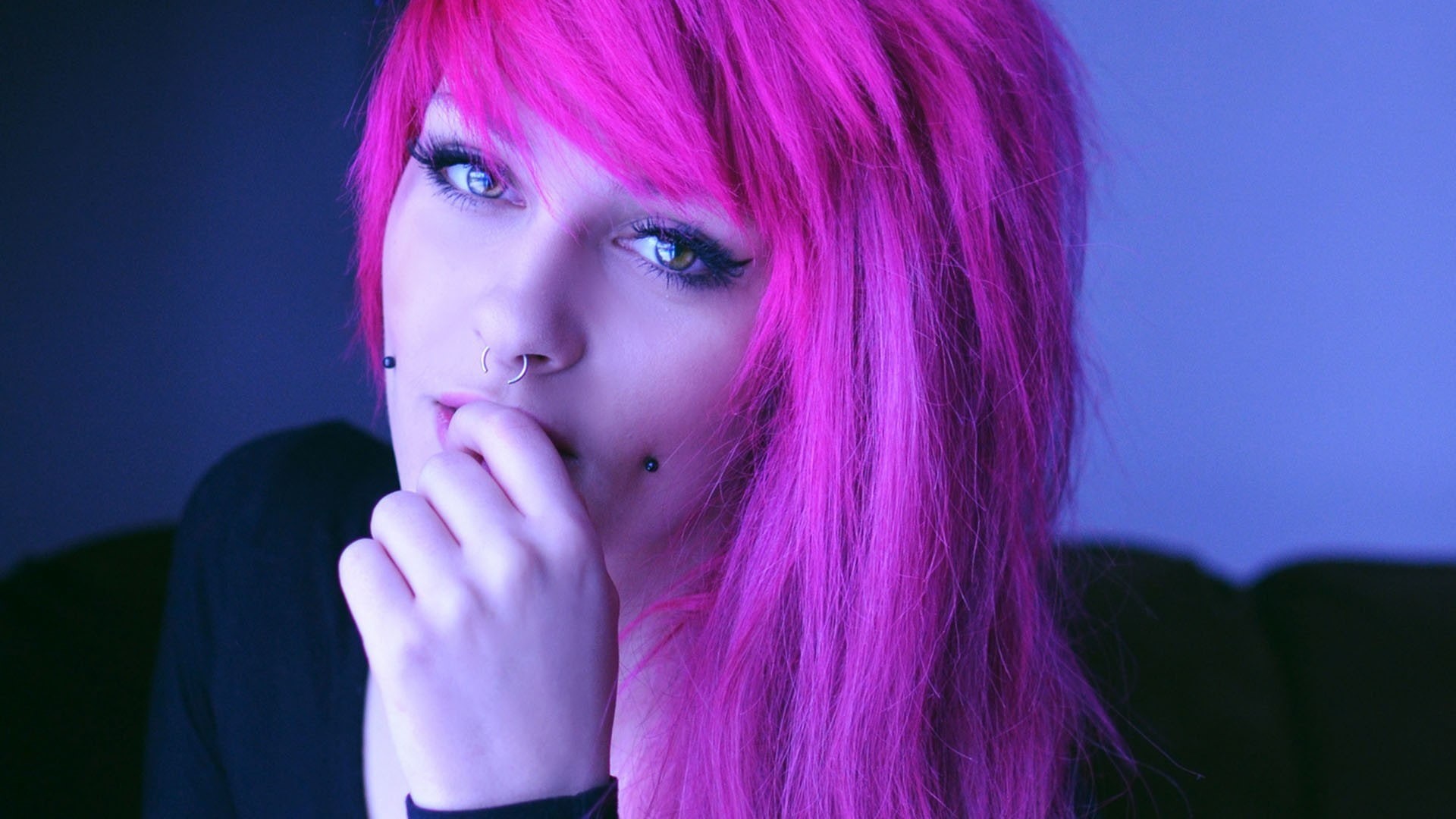 nose ring, pink hair, finger on lips, women, 1080P, looking at viewer, hazel eyes, pierced cheeks, HD Wallpaper