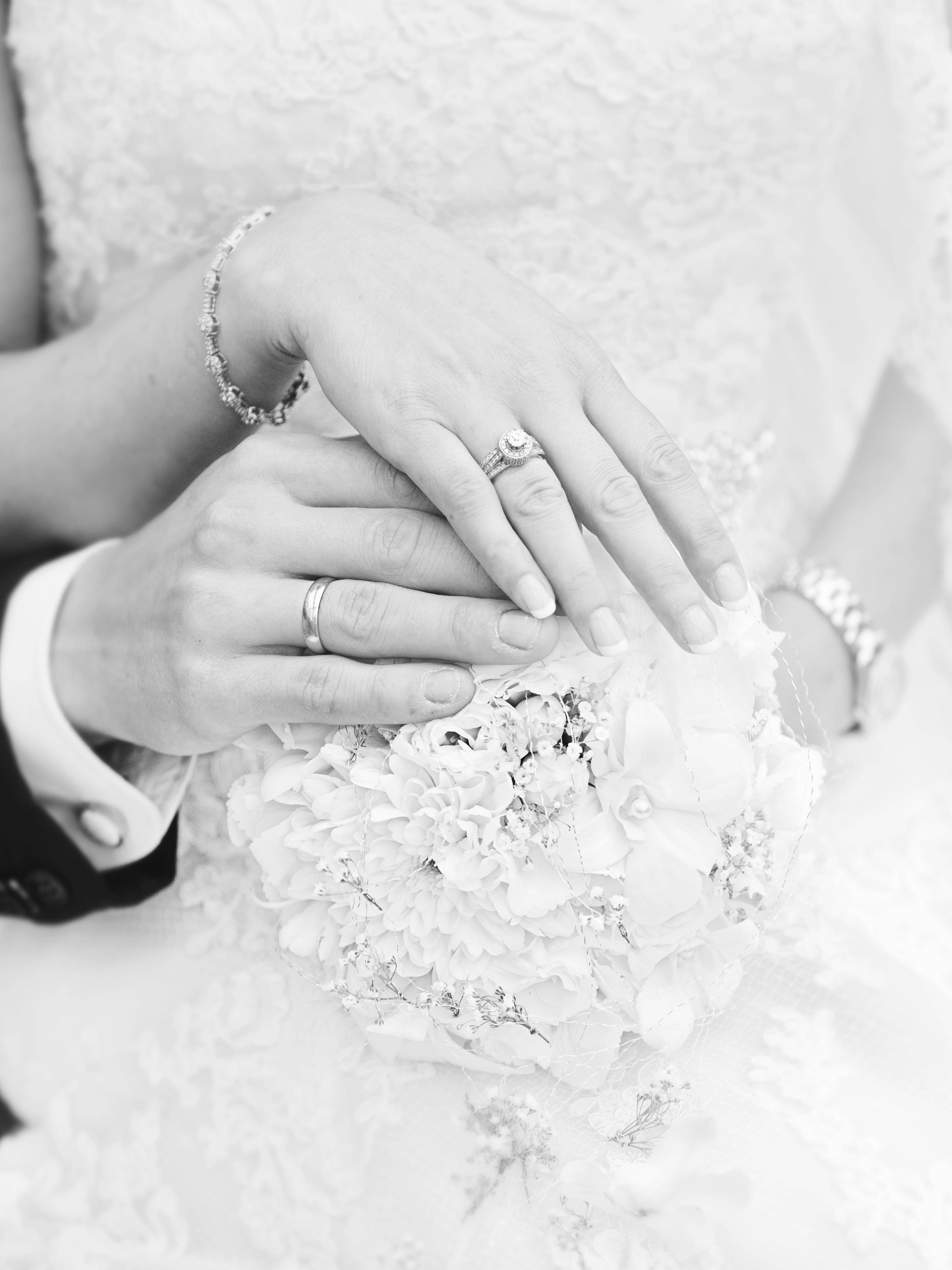 wedding ceremony, elegance, married, couple - relationship, jewelry, women, wedding bands, wife, newlywed, hand, wedding dress, black-and-white, finger, Phone HD Wallpaper