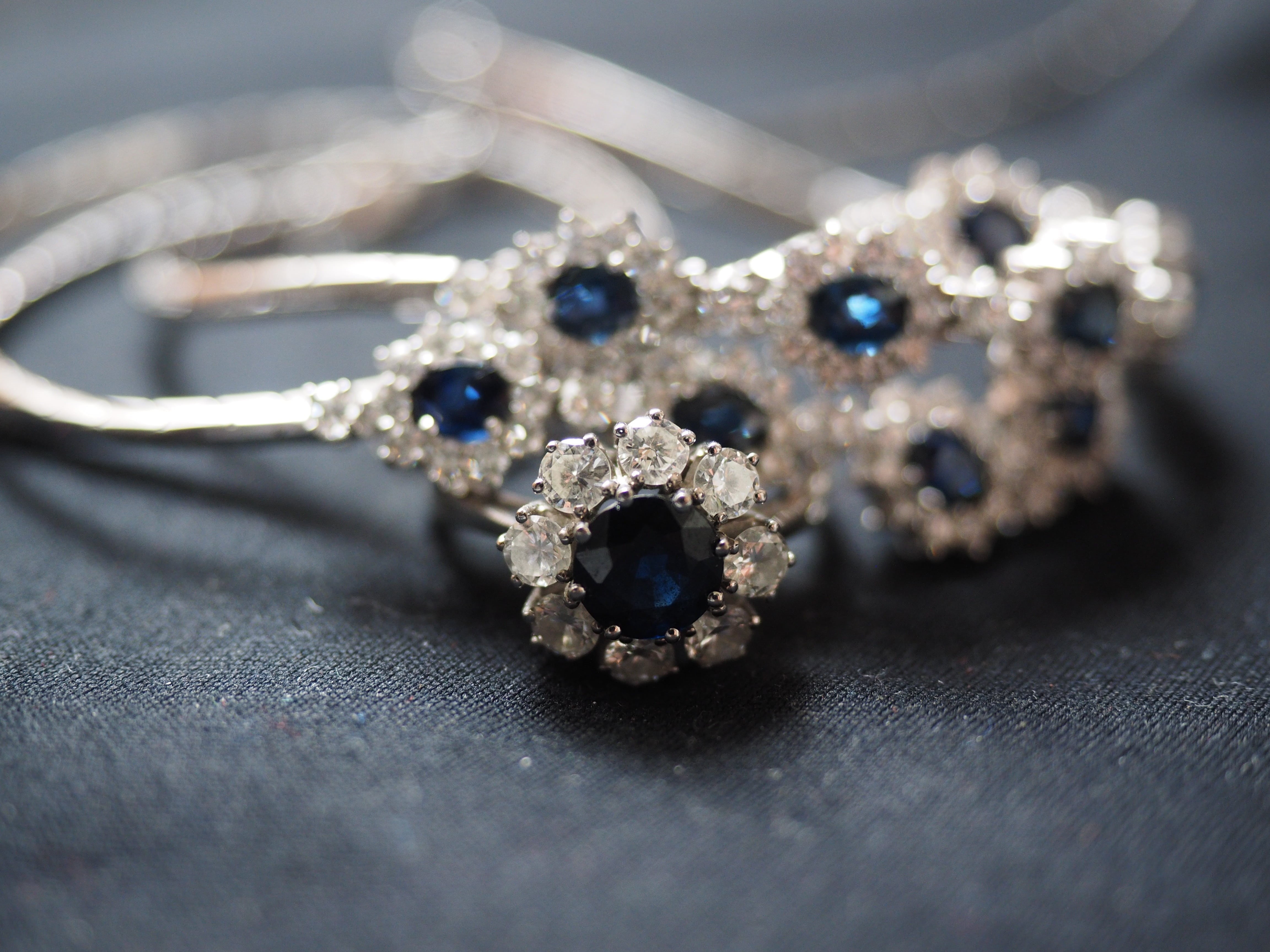 fashion, blue, accessory, sapphire, shiny, silver jewelry, valuable, ornate, close-up, encrusted, necklace, wealth, expense, indoors, finger ring, bling bling, HD Wallpaper