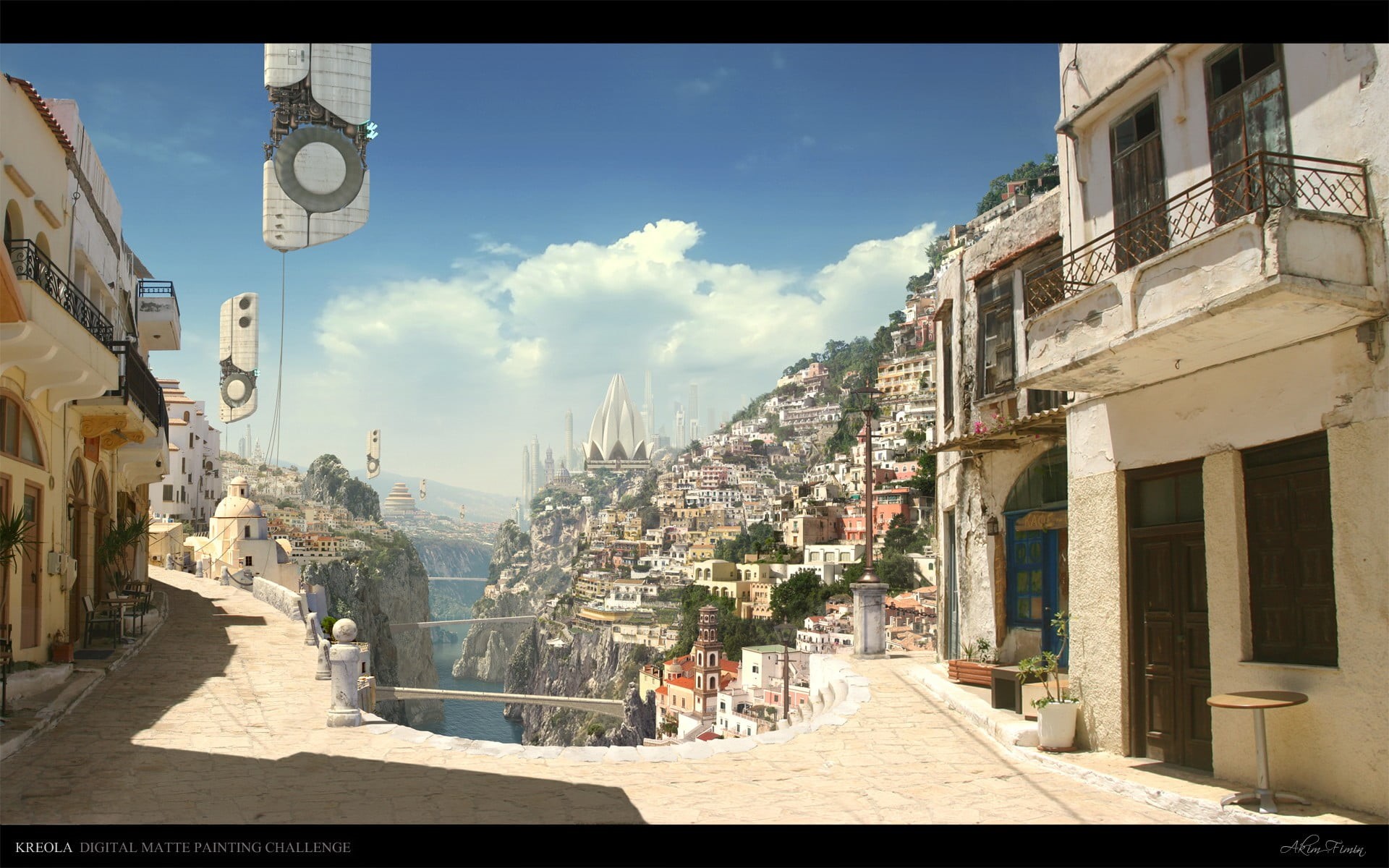 1080P, digital art, sunlight, architecture, built structure, group of people, day, sky, residential district, auto post production filter, Matte painting, HD Wallpaper