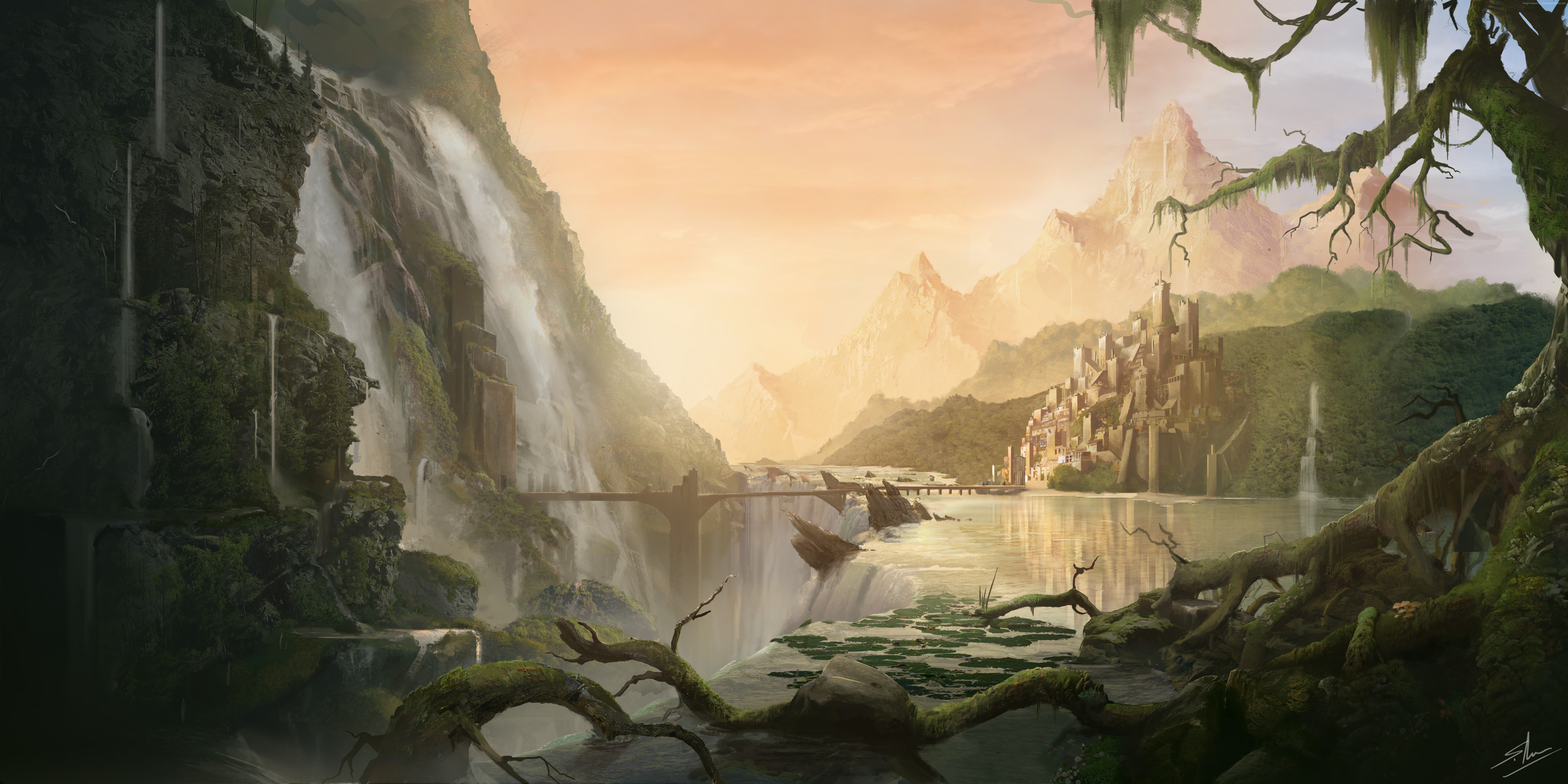 water, day, idyllic, lake, tree, bridge, beauty in nature, village, 8k, tranquil scene, nature, flowing water, art, matte painting, formation, mountain range, HD Wallpaper