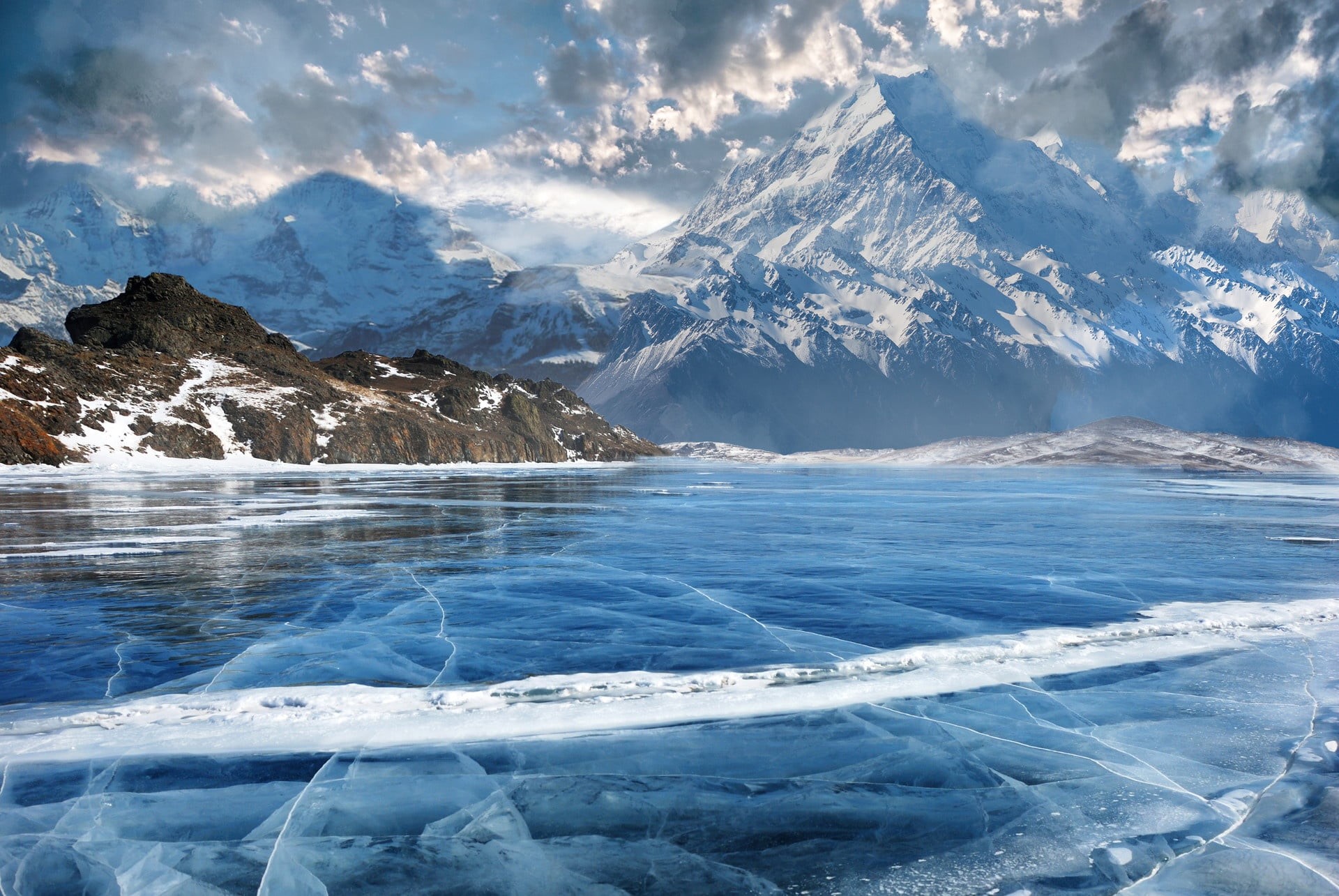 scenics - nature, sky, water, Viktor Rudenko, mountains, mountain, winter, snowcapped mountain, ice, non-urban scene, no people, landscape, art, cloud - sky, HD Wallpaper