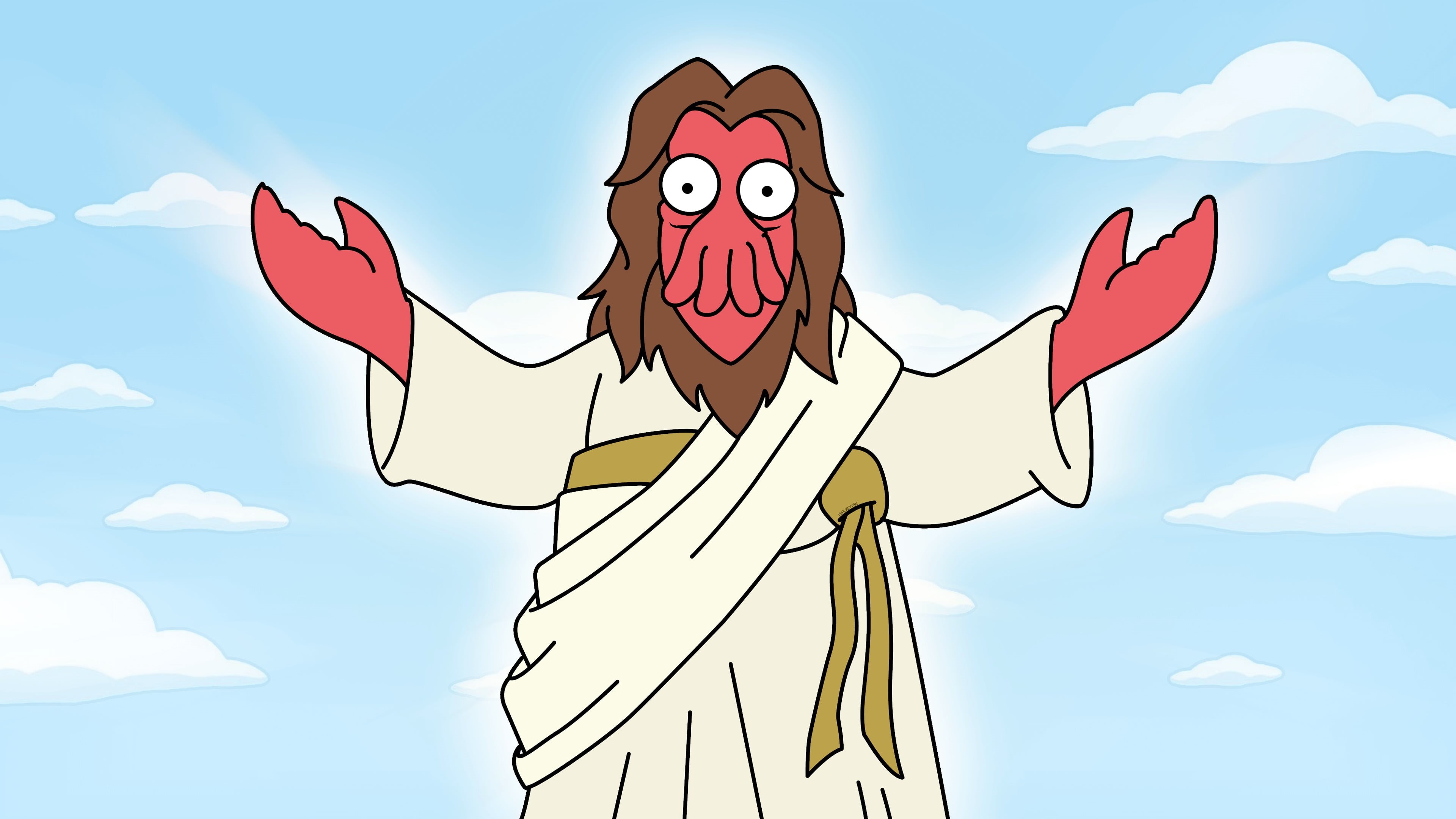 heaven, positive emotion, cloud - sky, human body part, nature, people, sky, women, adult, angel, illustration, character, Futurama, brown, Zoidberg, emotion, HD Wallpaper
