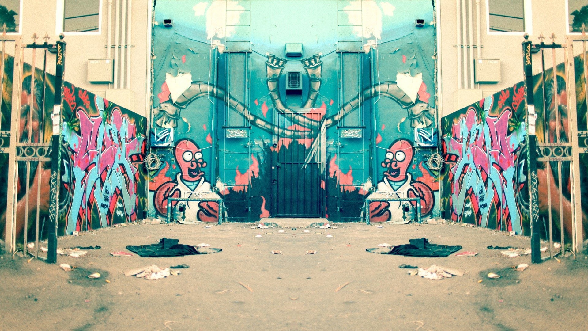 street, mirrors, art, bender, alley, graffiti, 1080P, futurama, zoidberg, HD Wallpaper