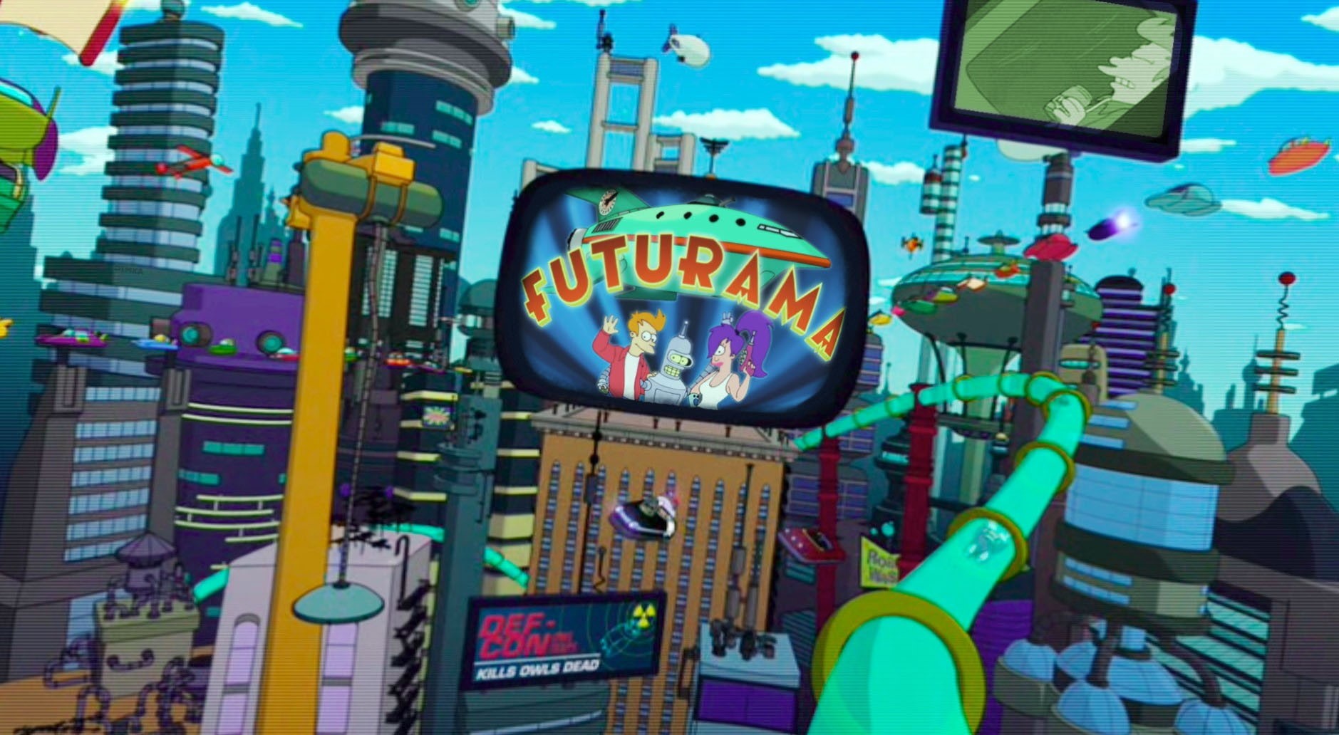 Futurama, western script, building exterior, technology, office building exterior, communication, 720P, skyscraper, day, building, no people, representation, HD Wallpaper
