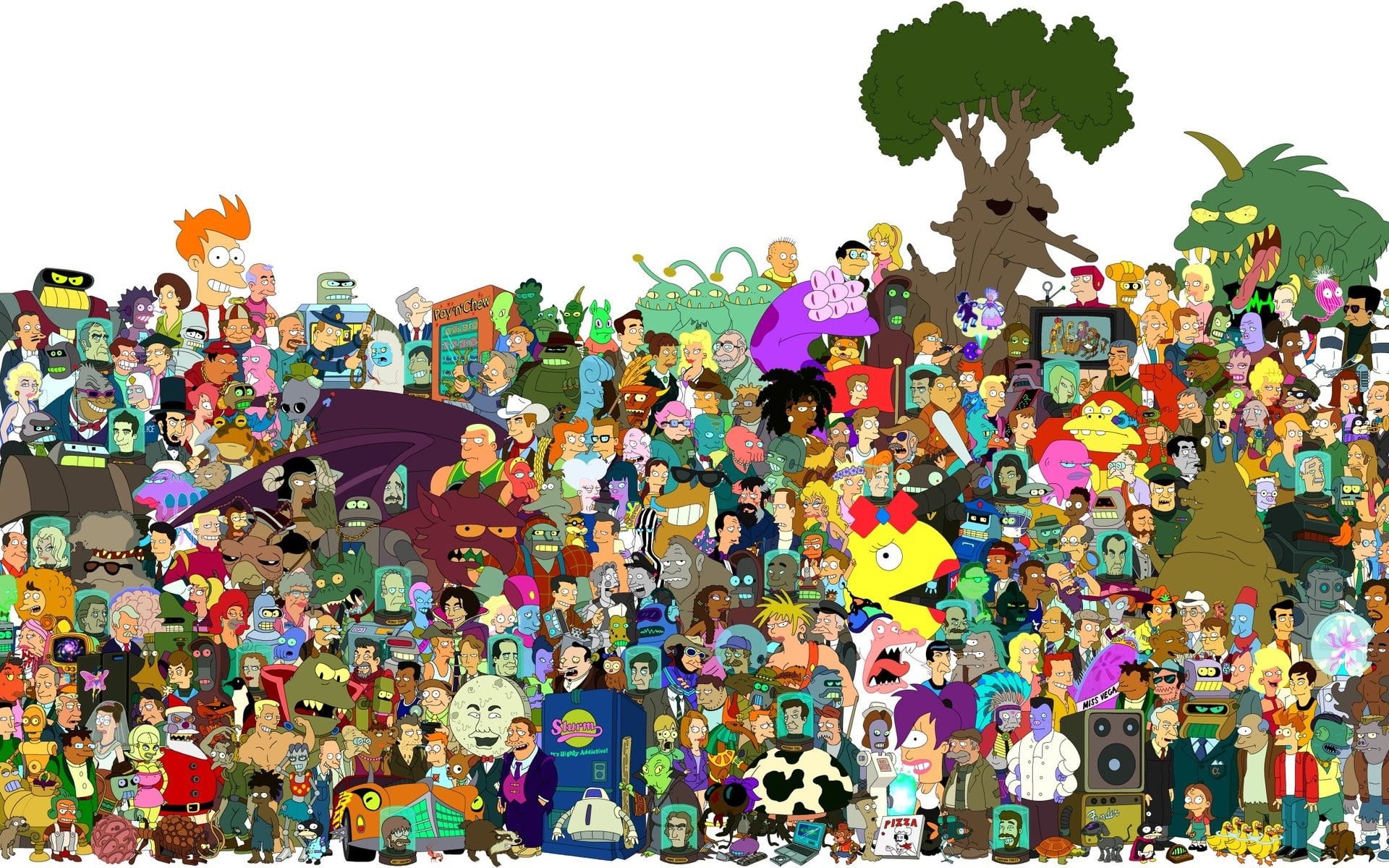 clear sky, adult, characters, women, variation, white background, togetherness, Futurama, digital, 1080P, day, group of people, multi colored, HD Wallpaper