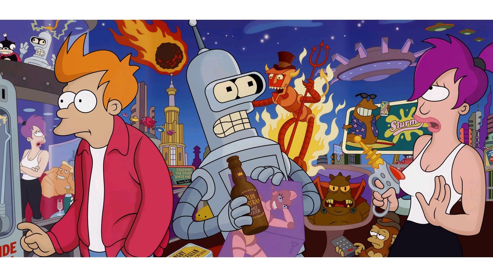 transfer print, males, art and craft, Futurama, sky, real people, front view, 1080P, group of people, cloud - sky, people, men, outdoors, creativity, adult, HD Wallpaper