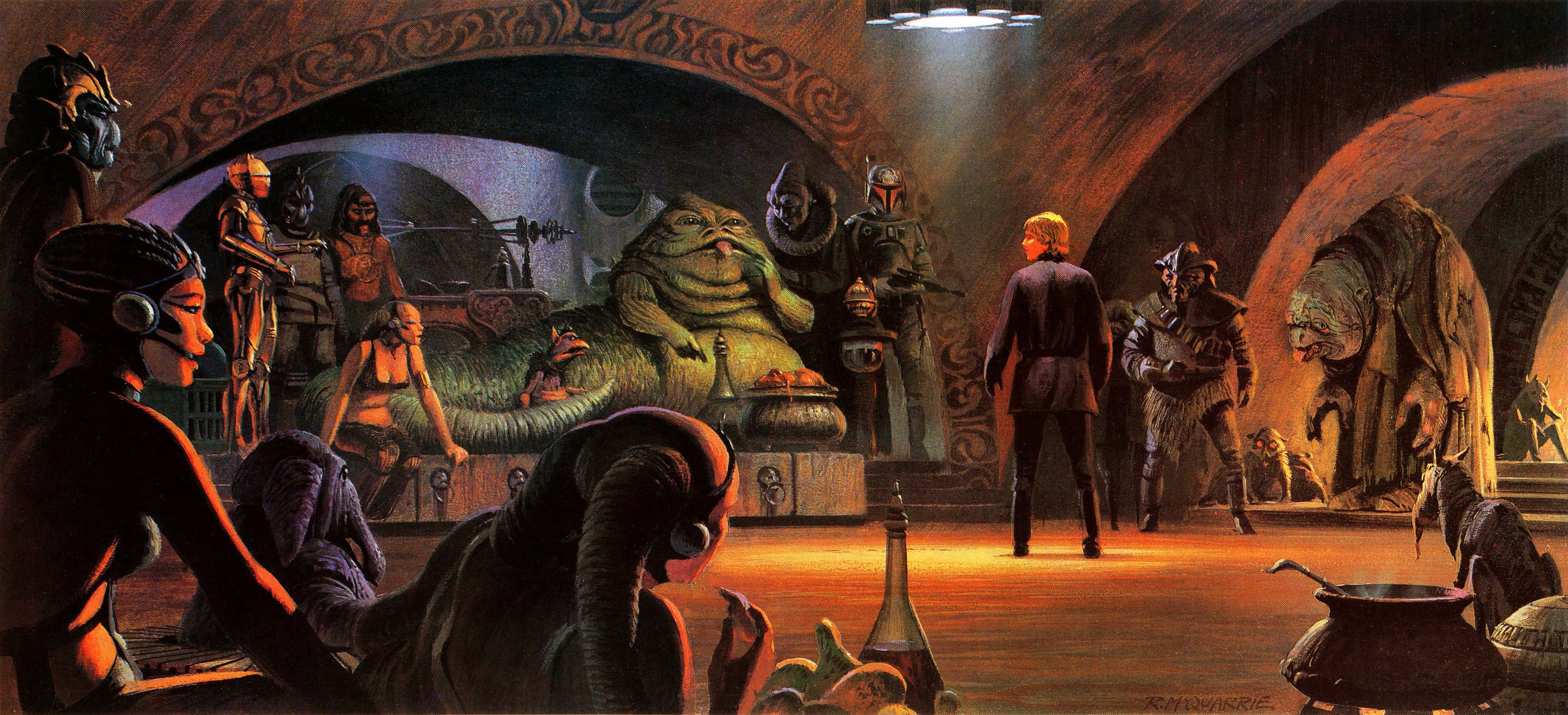 Star Wars: Episode VI - The Return of the Jedi, jabba the hut, 4K, concept art, Star Wars, Boba Fett, Tatooine, Luke Skywalker, Ralph McQuarrie, C-3PO, HD Wallpaper
