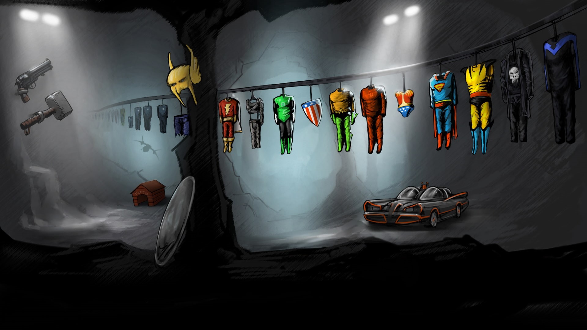 Superman, shield, pearls, parody, costumes, Dark Horse Comics, hammer, Marvel, Flash, cave, Wonder Woman, hiding place of superheroes, Wolverine, batman, HD Wallpaper