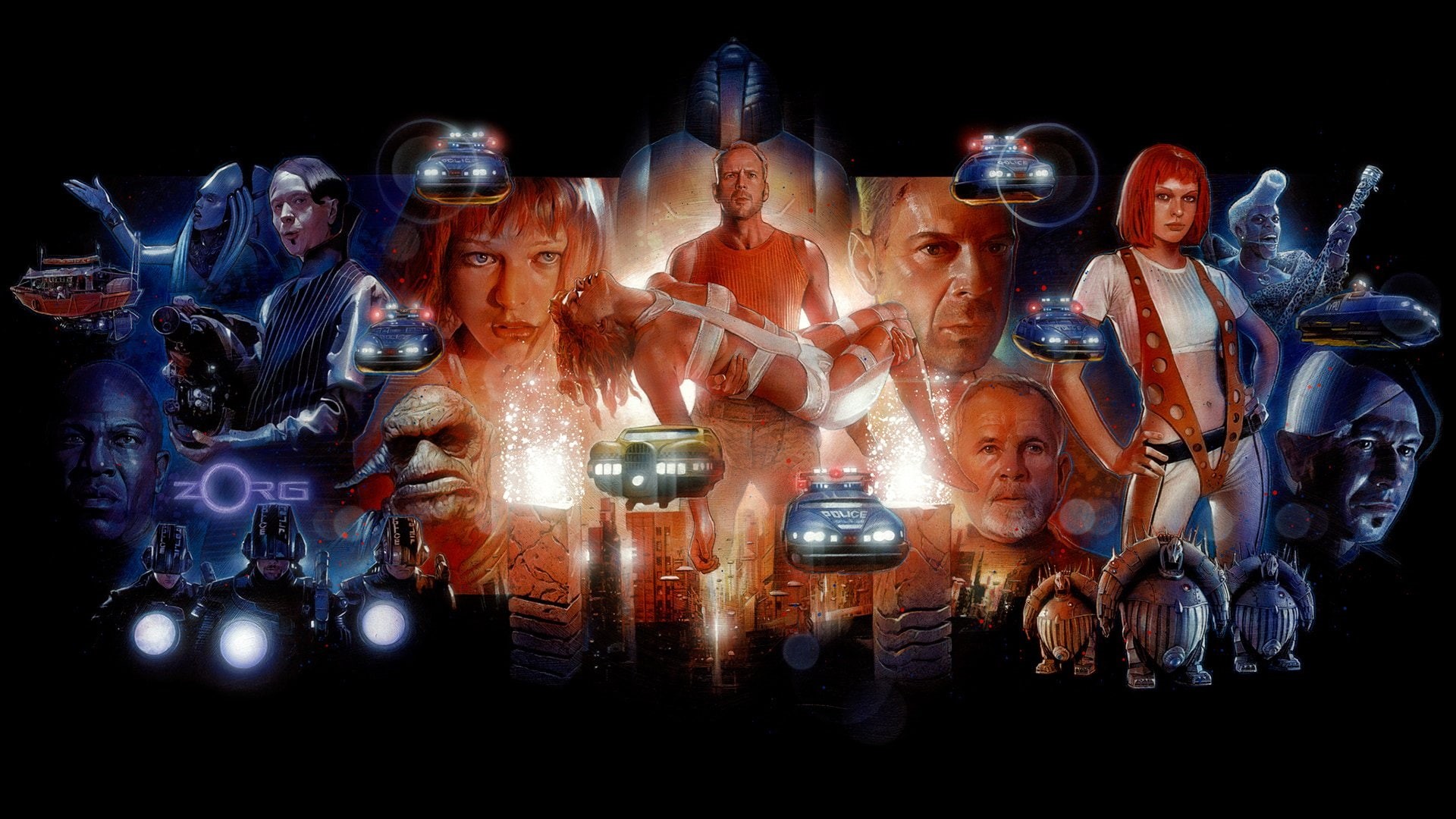 Movie, large group of objects, men, table, Korben Dallas, 1080P, The Fifth Element , art and craft, Gary Oldman, male likeness, statue, Milla Jovovich, HD Wallpaper