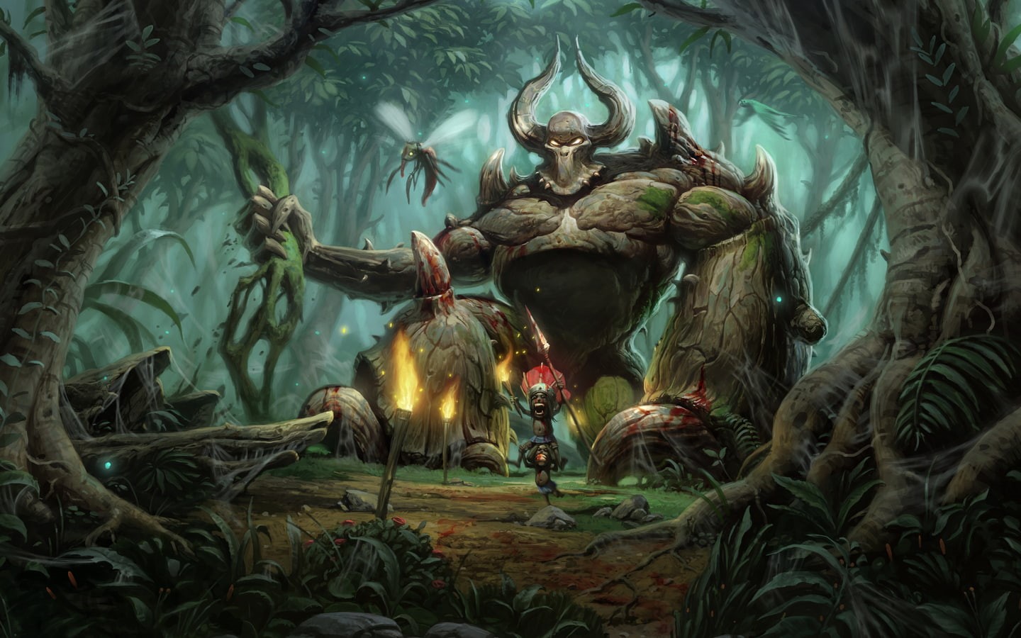 drawing, trees, people, torches, nature, forest, Diablo 2, Ogre, 720P, HD Wallpaper