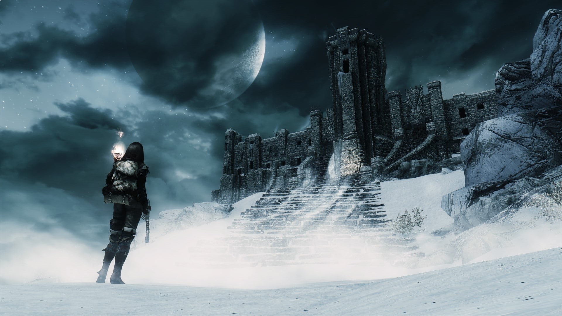 night, dovakhiin, fortress, girls, sky, snow, hd, elder, peak, scrolls, 1080P, castles, Clouds, art, v, moon, skyrim, space, torch, moons, HD Wallpaper