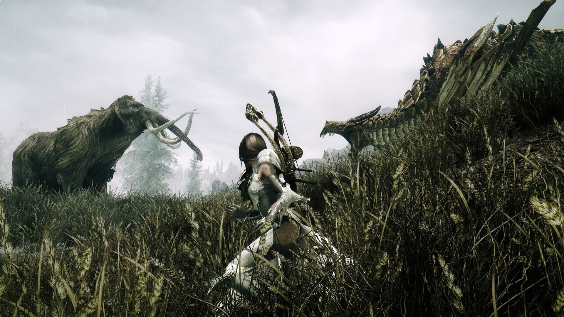 grass, the elder scrolls v skyrim dovakhiin dragon mammoths video games, no people, outdoors, sky, 1080P, growth, representation, agriculture, cloud - sky, HD Wallpaper