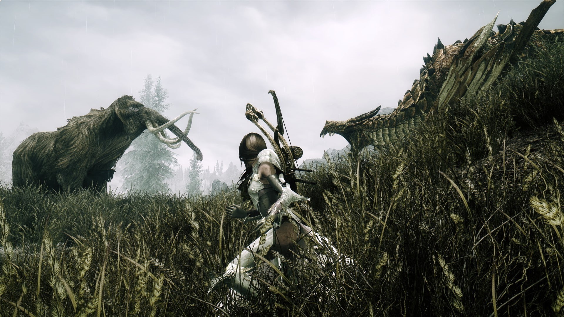 green color, sky, representation, dragon, Dovakhiin, 1080P, Mammoths, tree, beauty in nature, growth, cloud - sky, The Elder Scrolls V: Skyrim, low angle view, HD Wallpaper