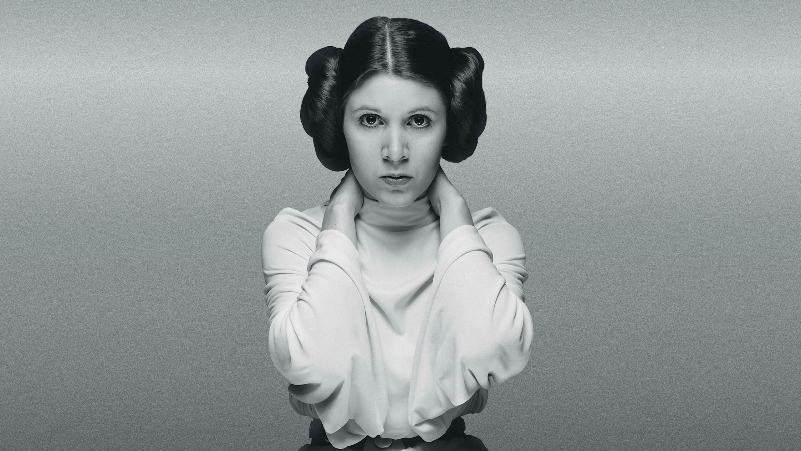 monochrome, Carrie Fisher, Leia Organa, 2K, Hair Bun, women, HD Wallpaper