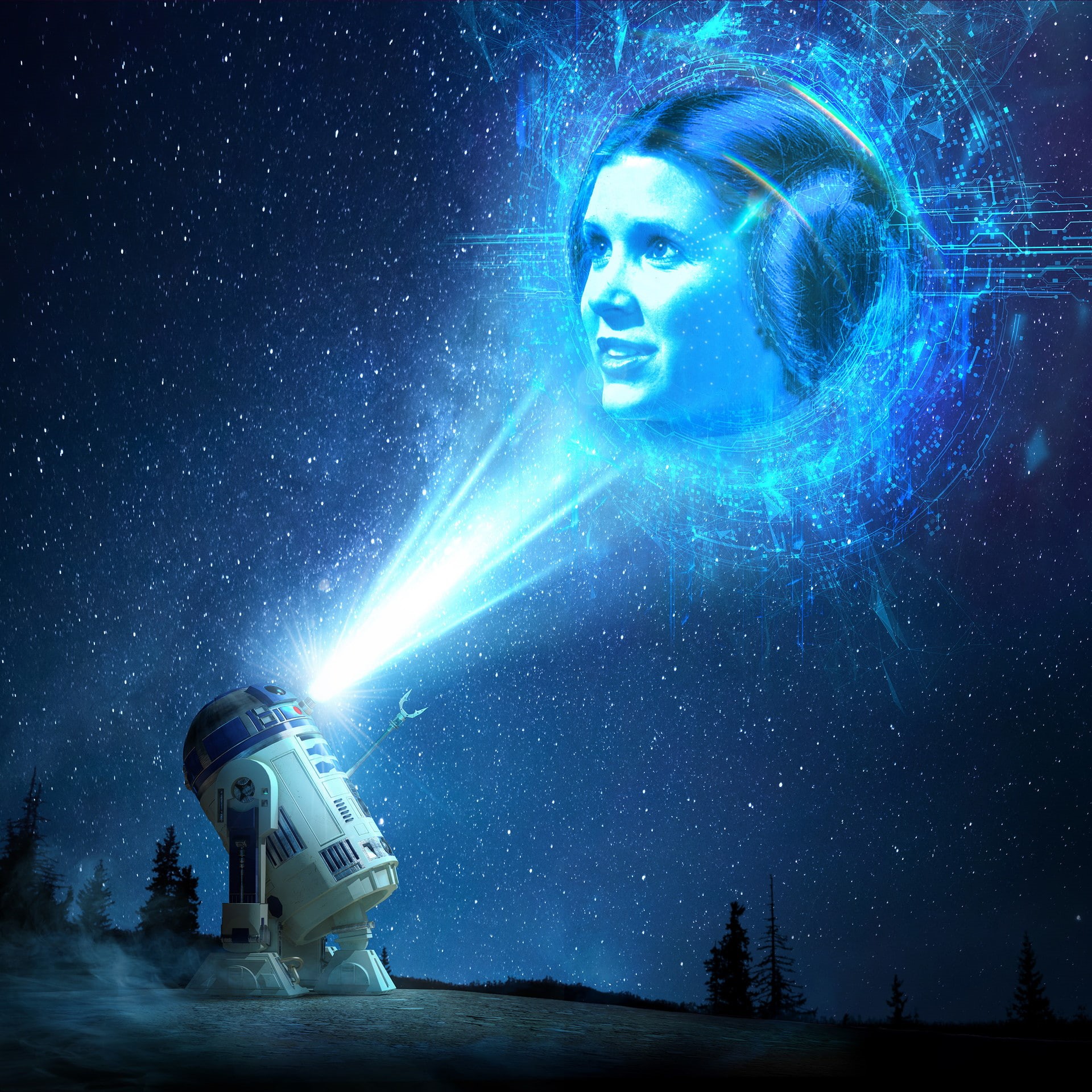 star - space, digital art, stars, women, mystery, fantasy, one person, laser, 1080P, science, looking, space, adult, Leia Organa, nature, sky, R2, young adult, Phone HD Wallpaper