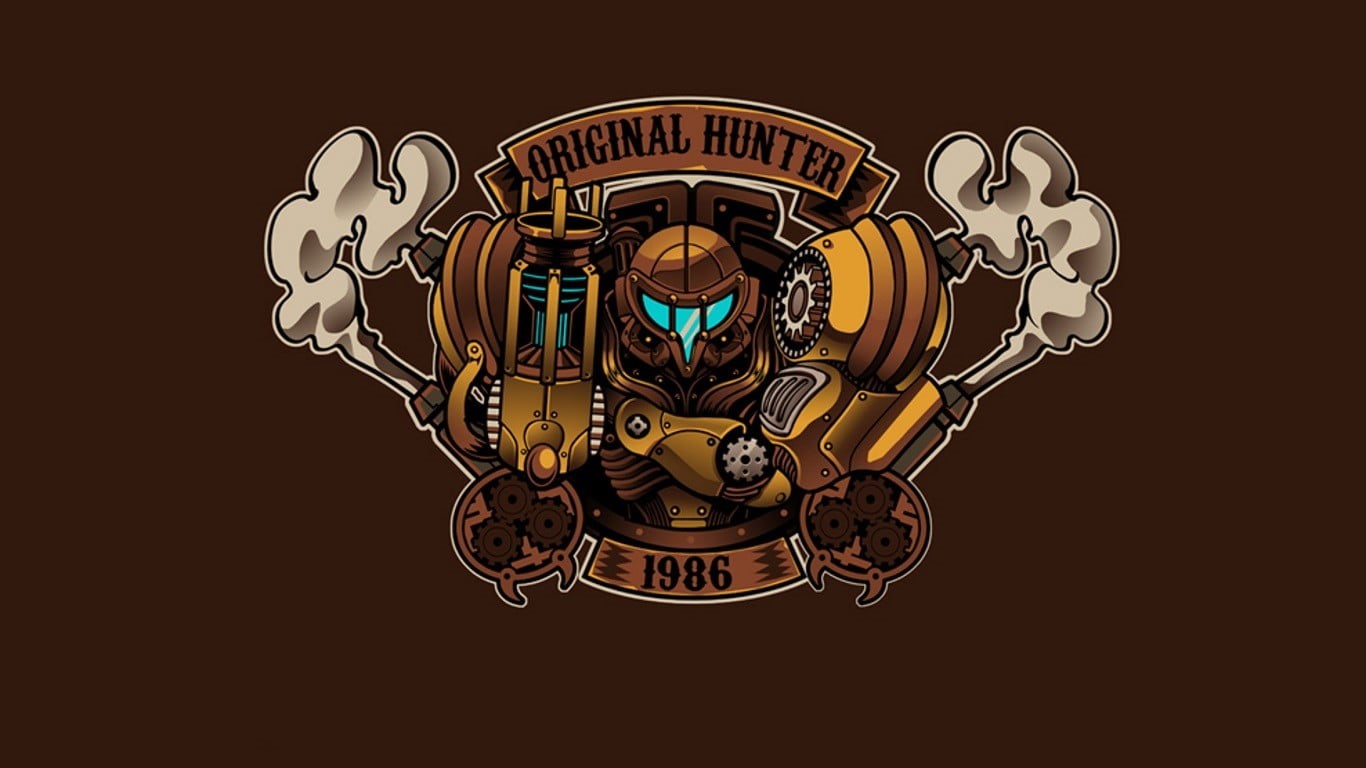 Samus Aran, Metroid, original, logo, robot, indoors, copy space, hunter, electrical equipment, metal, single object, cut out, lighting equipment, wood - material, HD Wallpaper