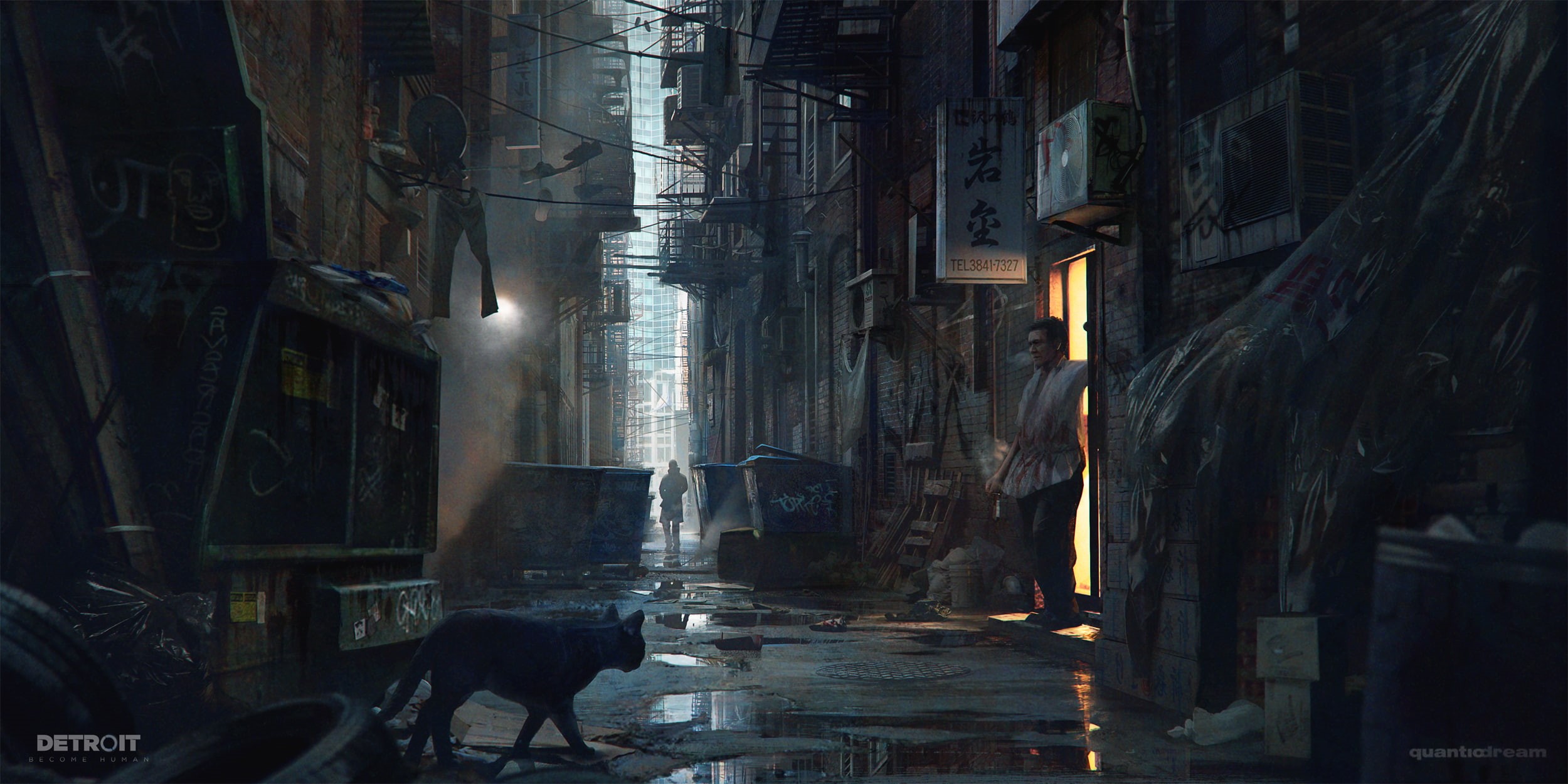 abandoned, building, residential district, night, reflection, built structure, alley, dark, games, architecture, illuminated, detroit become human, building exterior, HD Wallpaper