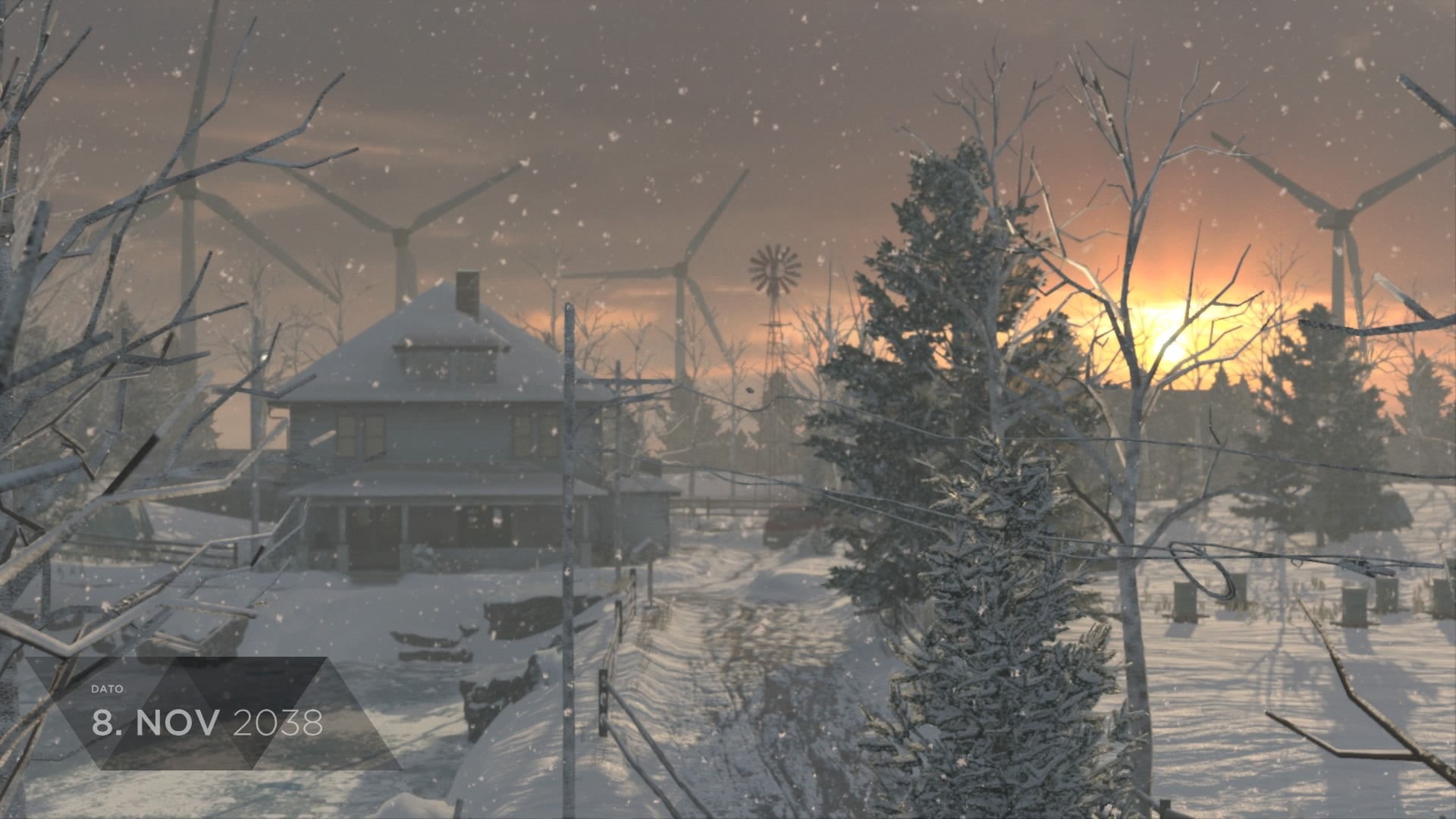 Golden Hour, Detroit: Become Human, nature, snow, cold temperature, bare tree, tree, plant, fog, house, snowing, sunset, building, windmill, winter, building exterior, HD Wallpaper