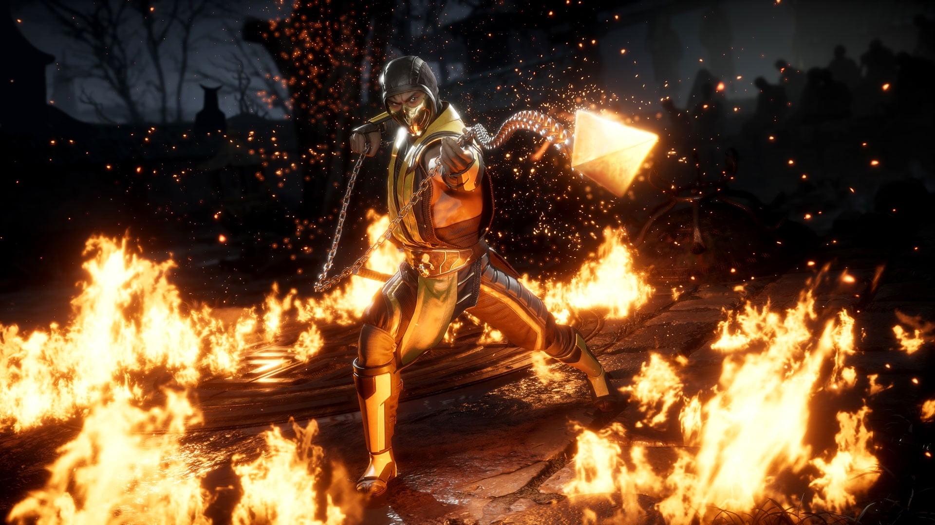 Mortal Kombat 11, get over here, NetherRealm Studios, Scorpion, fighting, MK11, fire, ninja, game, 2019, 1080P, screenshot, HD Wallpaper
