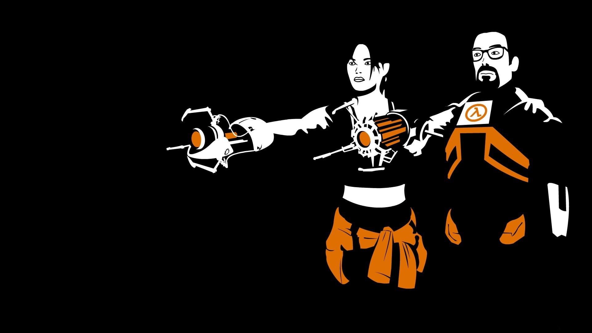 video games, 1080P, Portal 2, Gravity Gun, Portal Gun, Half-Life 2, Gordon man, Pulp Fiction (parody), vector, orange, black background, HD Wallpaper