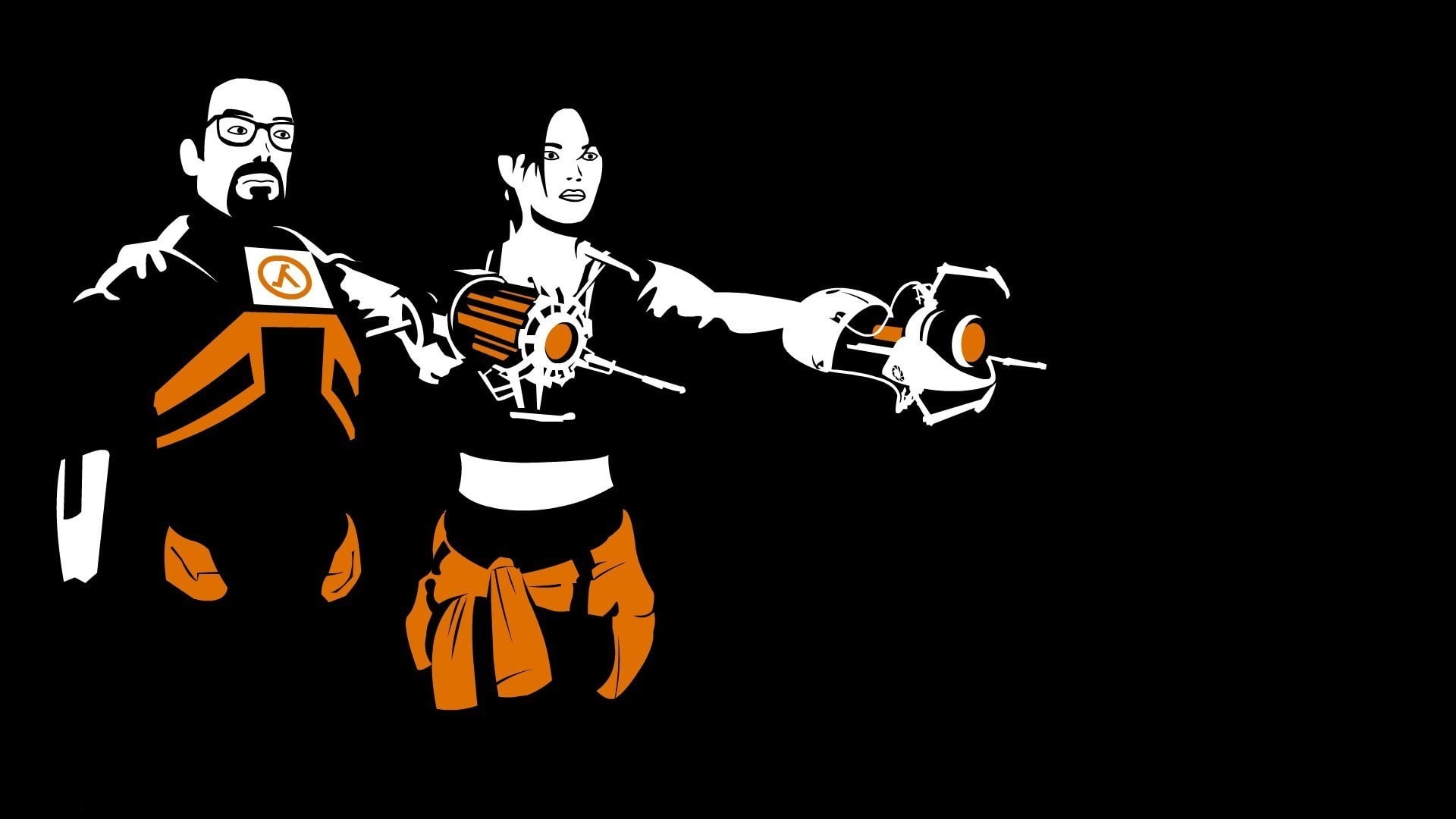 people, technology, human body part, celebration, indoors, costume, clothing, bone, arms raised, robot, half life 2 portal 2 black background vectors orange video games portal gun gravity gun pulp fiction parody, HD Wallpaper